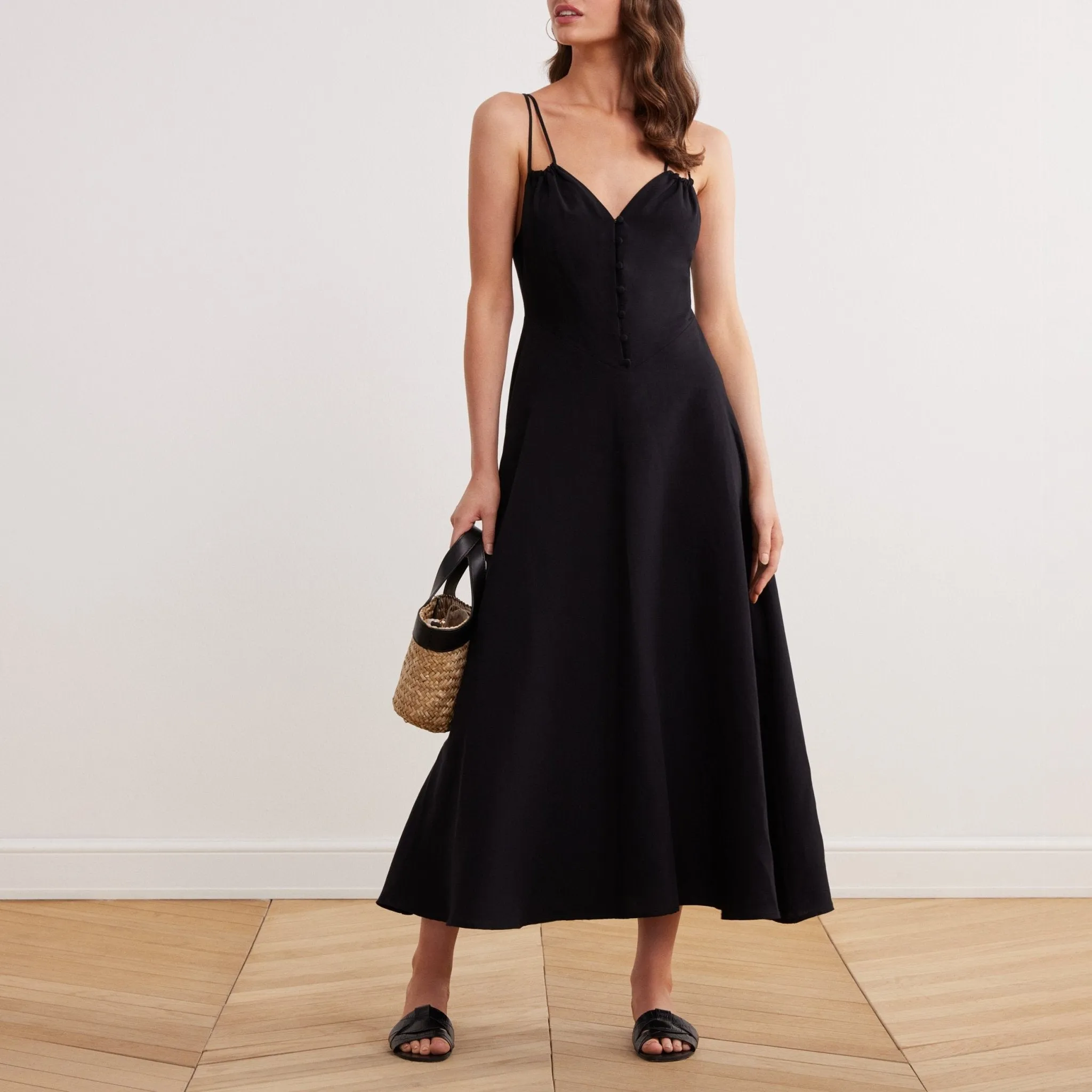 Sleeveless V-neck Fitted Waist Cotton Blended Midi Dress
