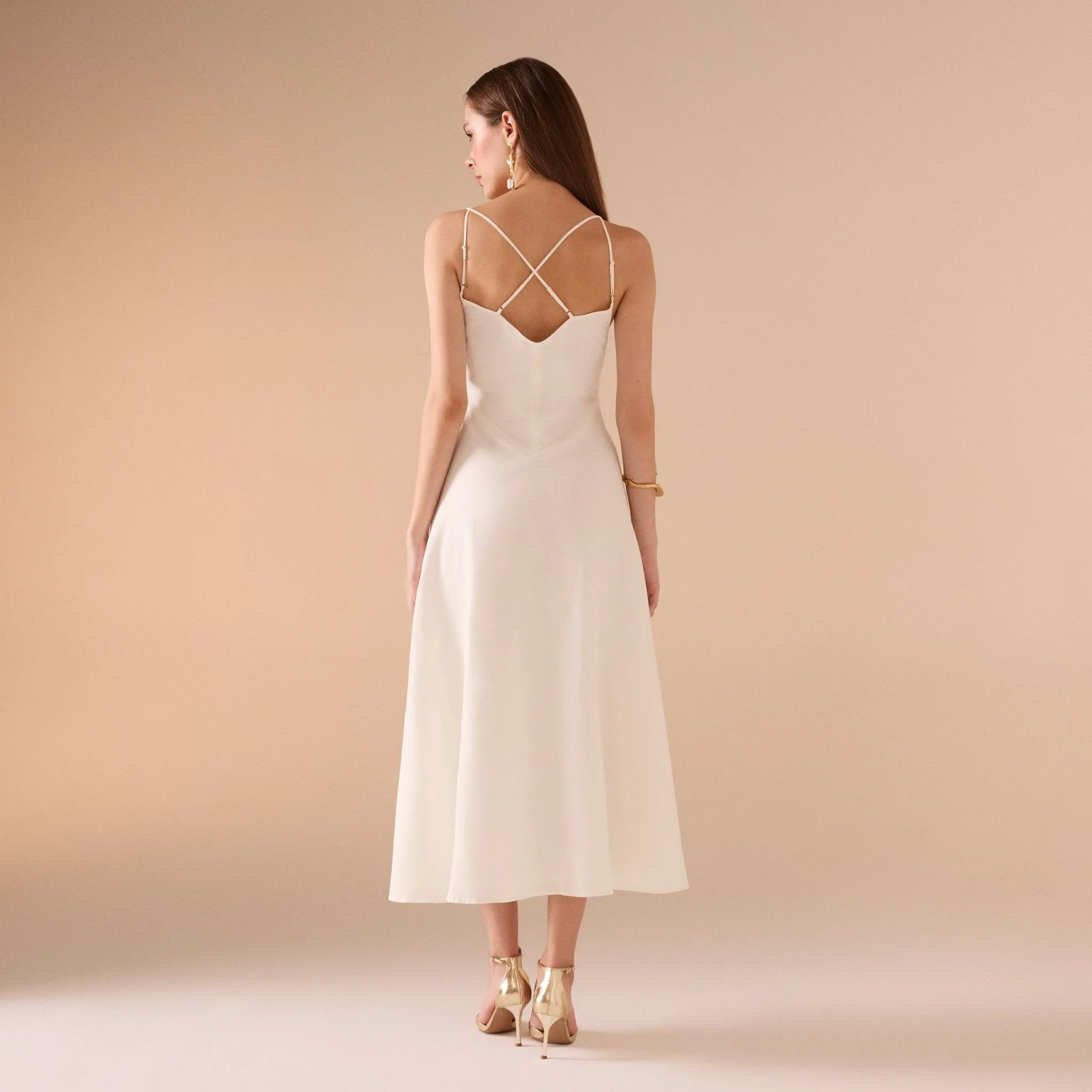 Sleeveless V-neck Fitted Waist Cotton Blended Midi Dress