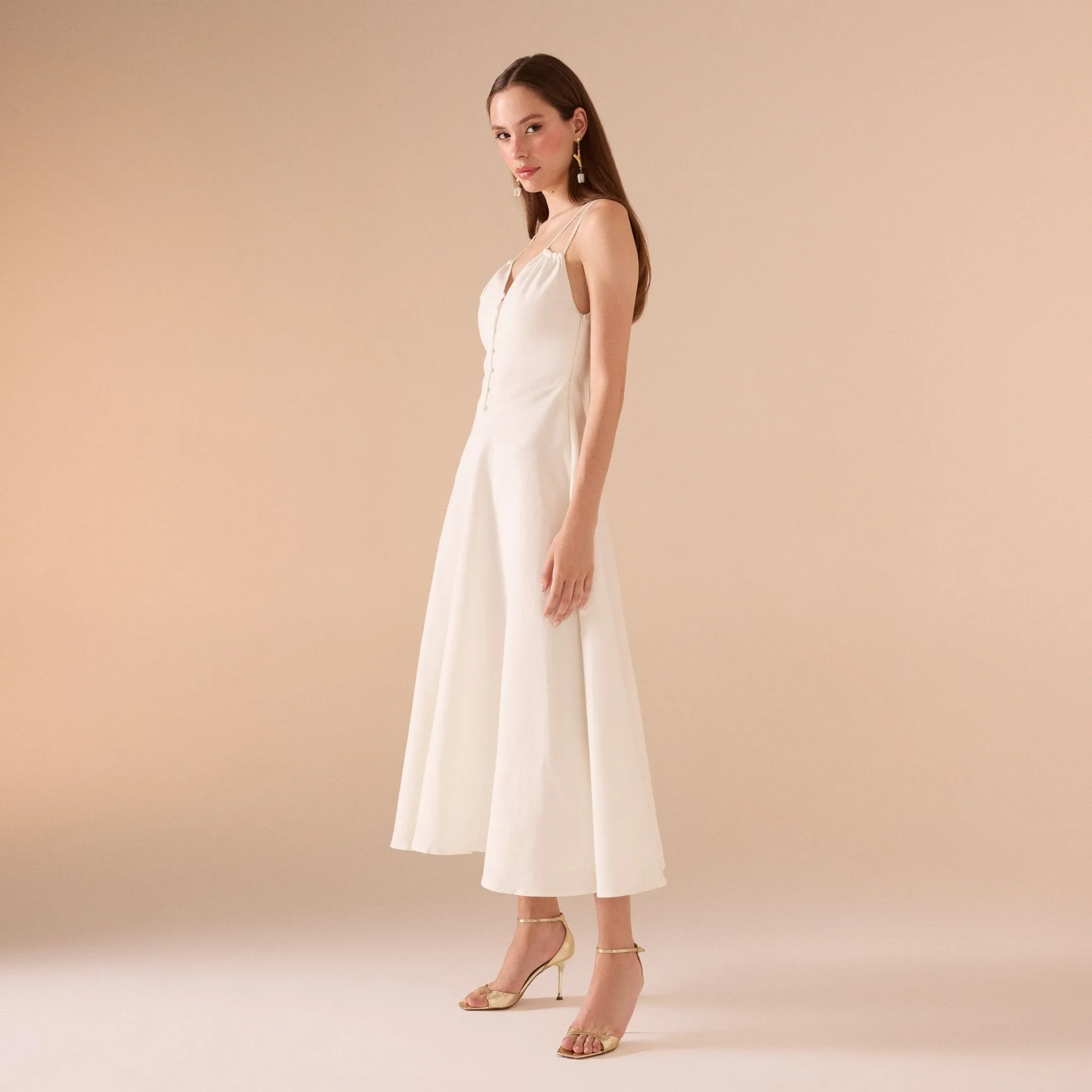 Sleeveless V-neck Fitted Waist Cotton Blended Midi Dress
