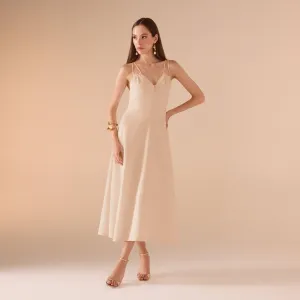 Sleeveless V-neck Fitted Waist Cotton Blended Midi Dress