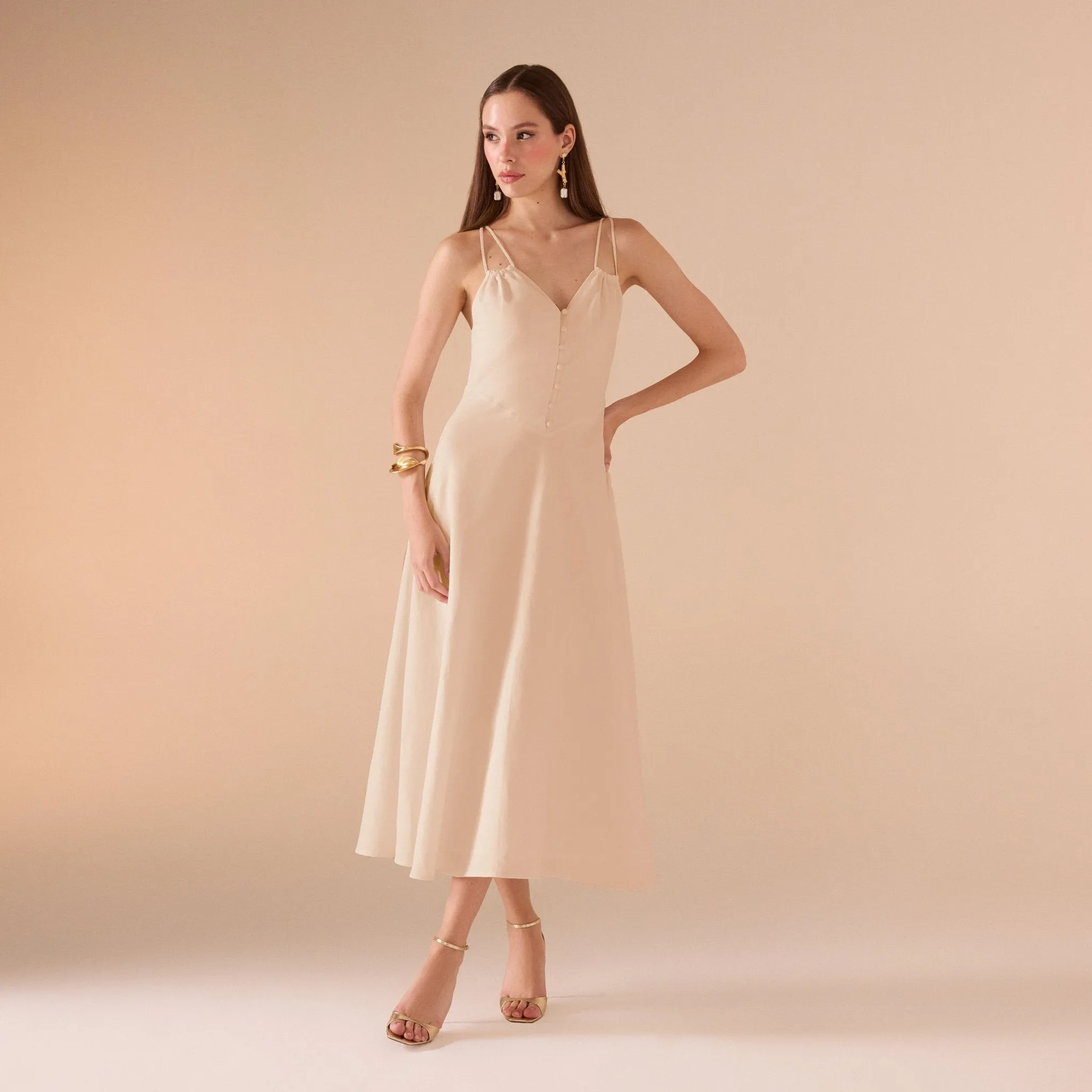 Sleeveless V-neck Fitted Waist Cotton Blended Midi Dress