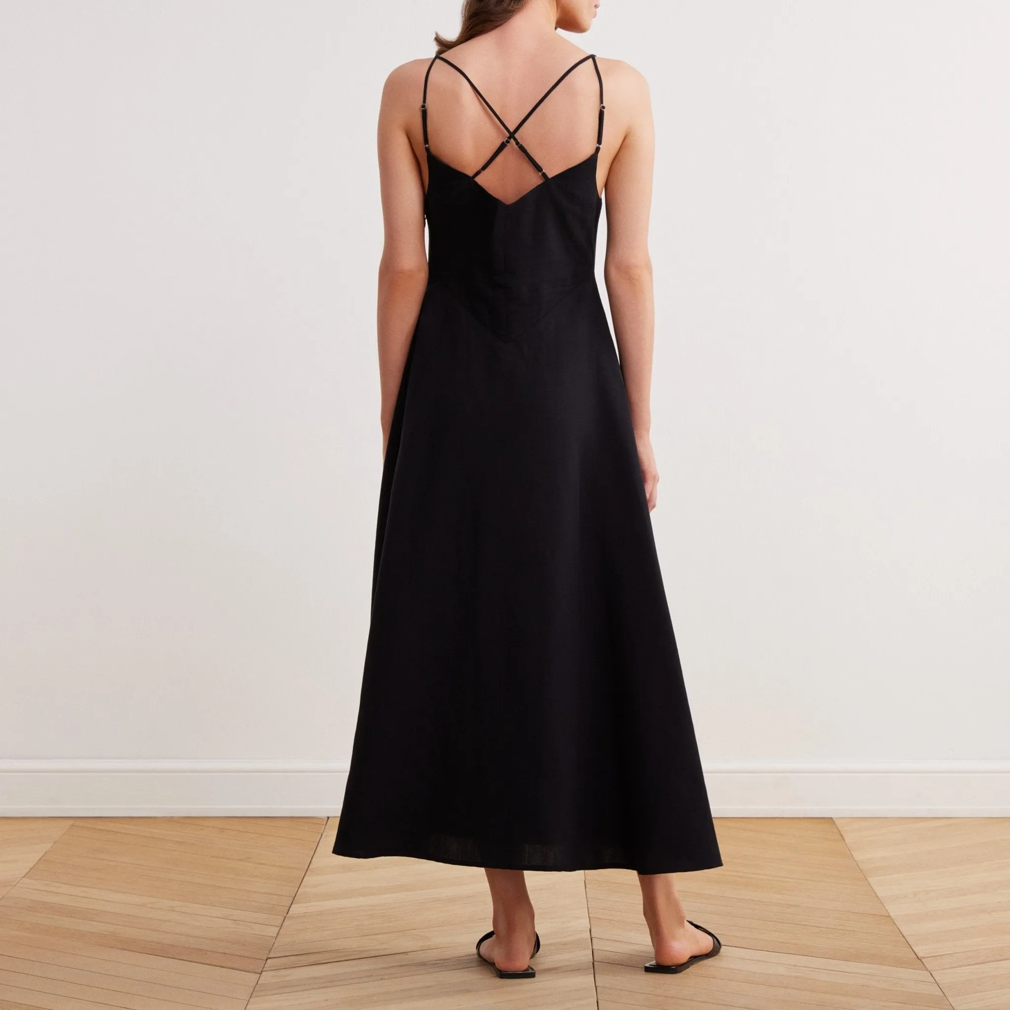 Sleeveless V-neck Fitted Waist Cotton Blended Midi Dress