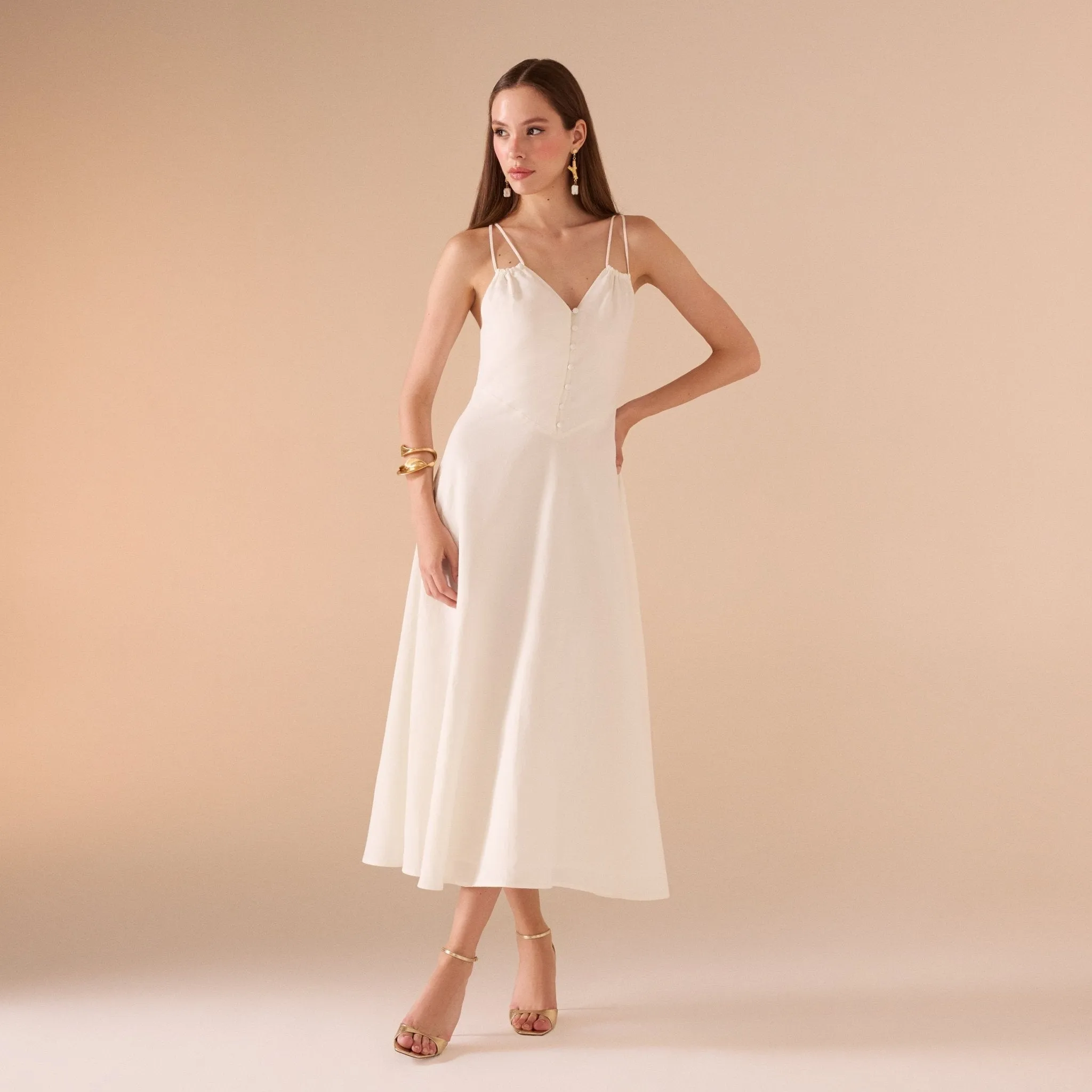 Sleeveless V-neck Fitted Waist Cotton Blended Midi Dress