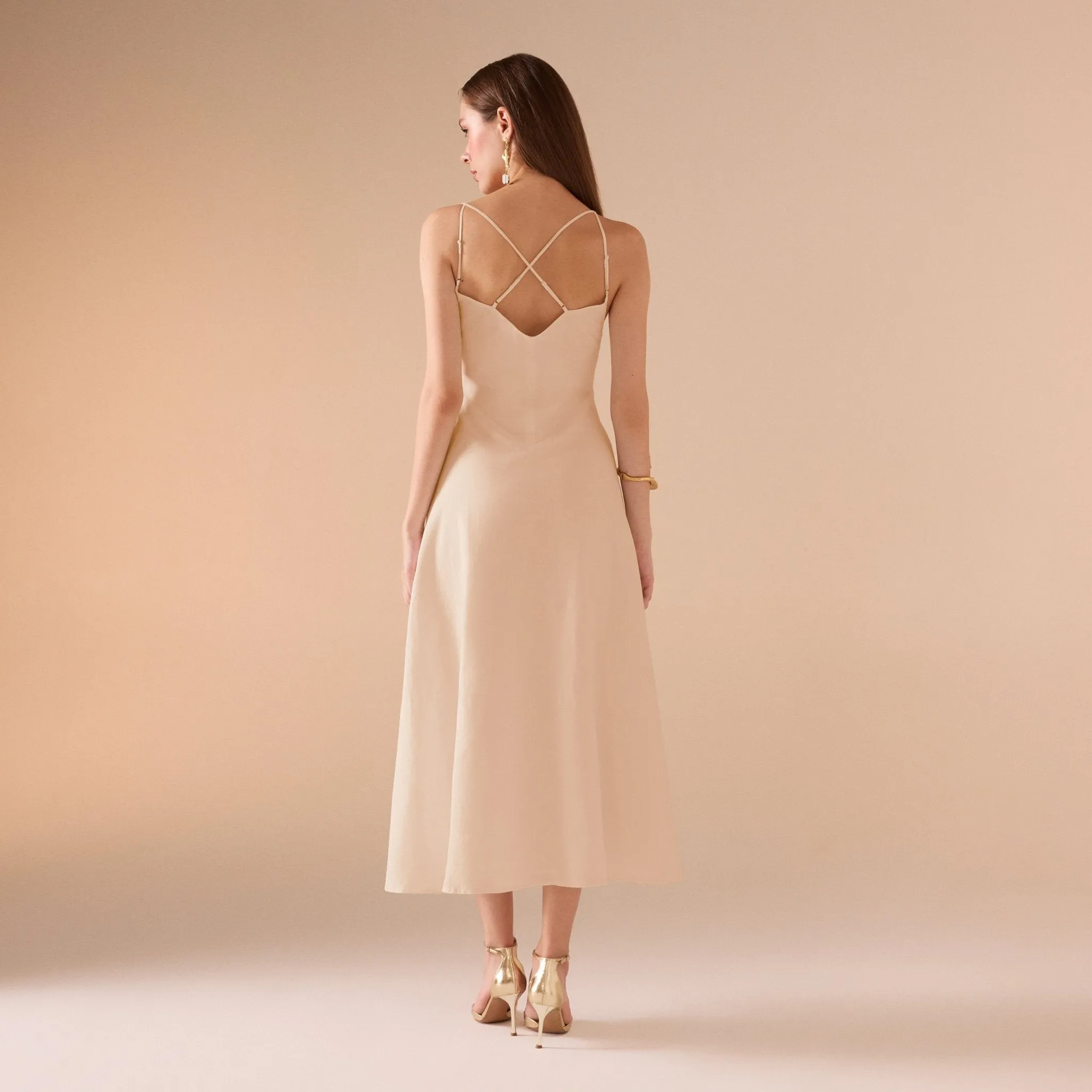 Sleeveless V-neck Fitted Waist Cotton Blended Midi Dress