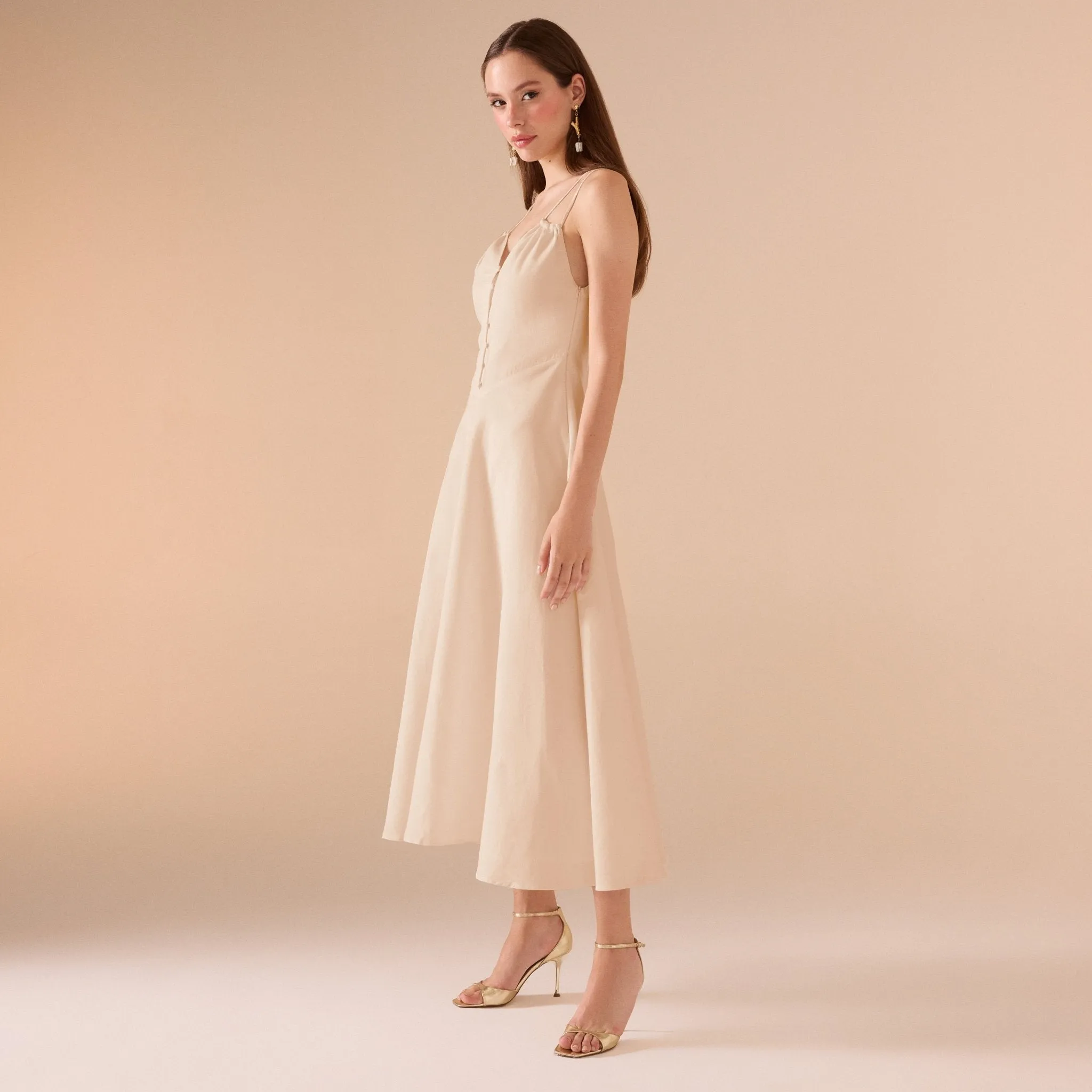 Sleeveless V-neck Fitted Waist Cotton Blended Midi Dress