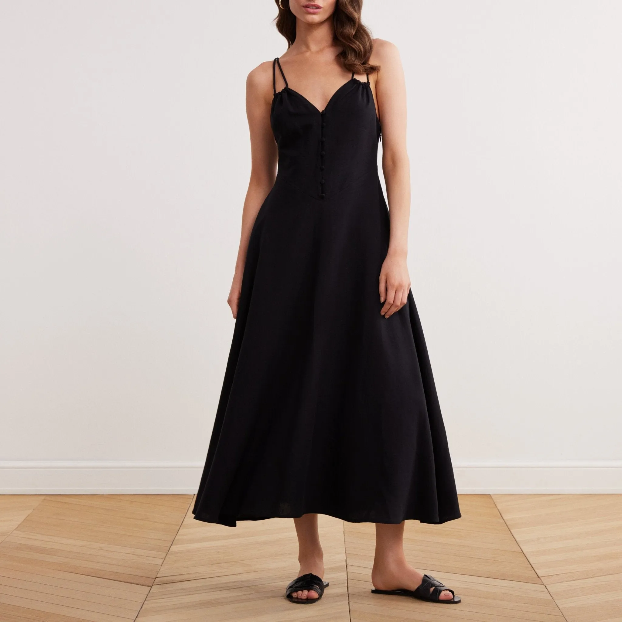 Sleeveless V-neck Fitted Waist Cotton Blended Midi Dress