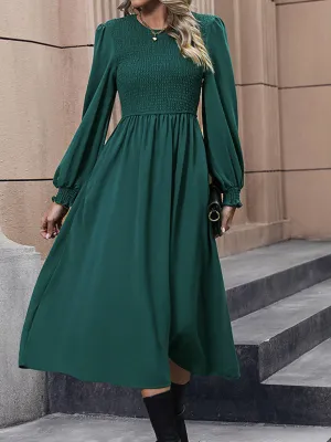 Smocked Bodice Midi Dress with Long Sleeves