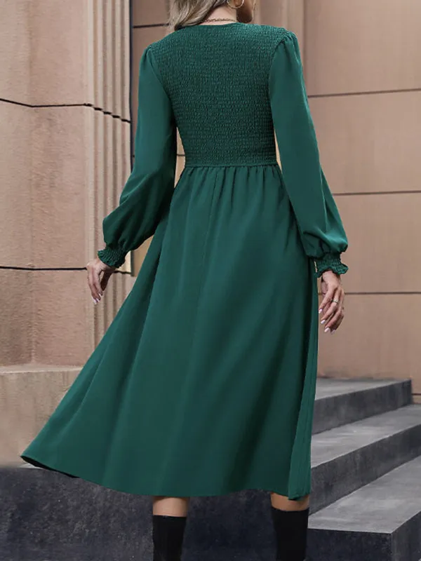 Smocked Bodice Midi Dress with Long Sleeves