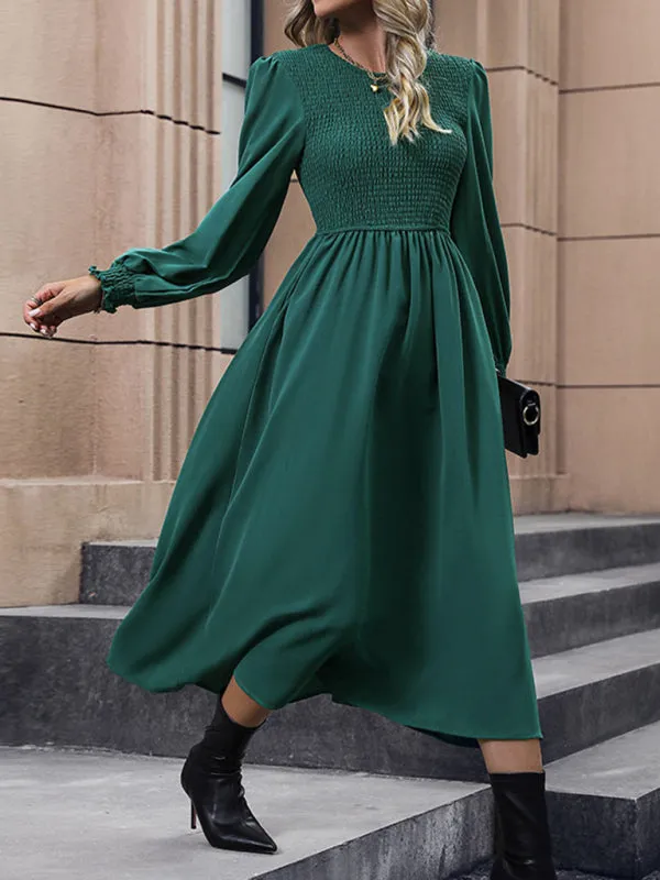Smocked Bodice Midi Dress with Long Sleeves