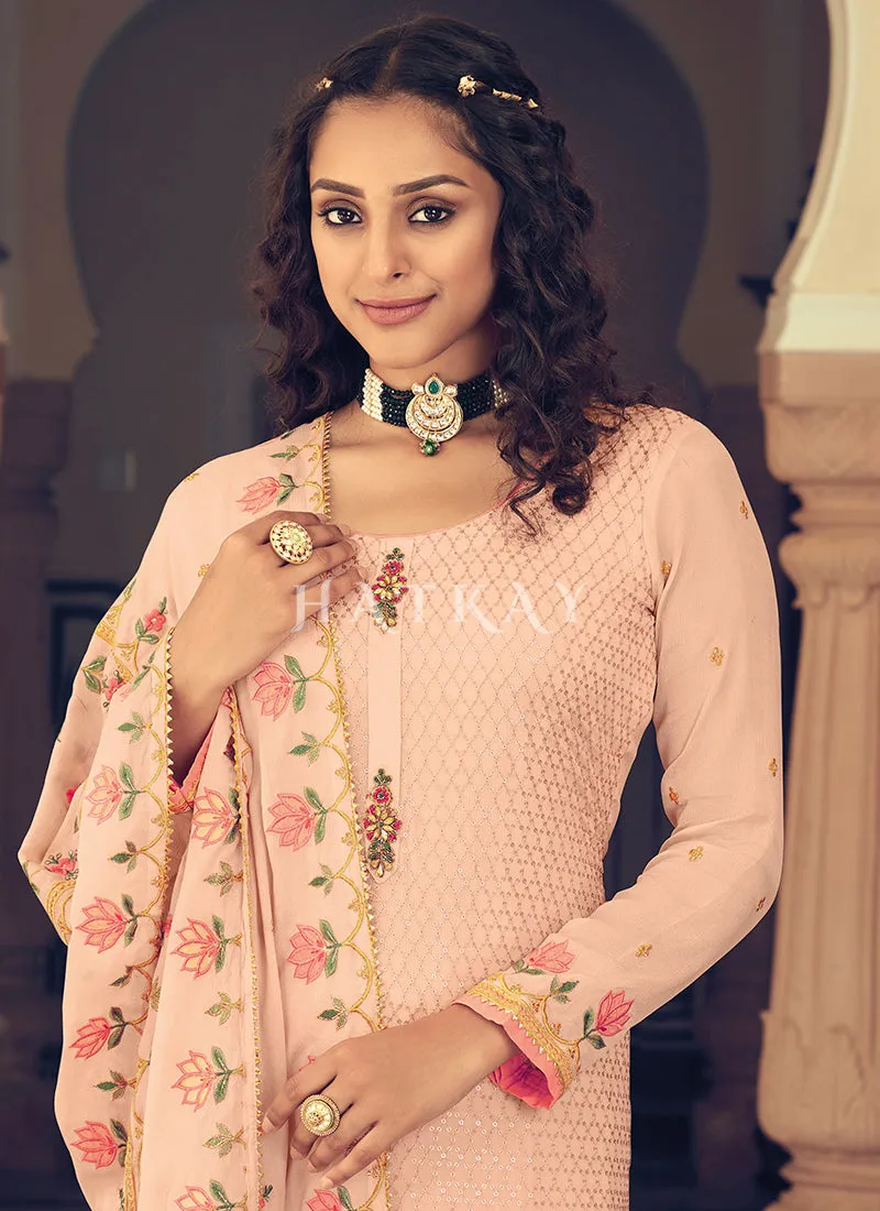 Soft Peach Floral Embroidered Salwar Suit