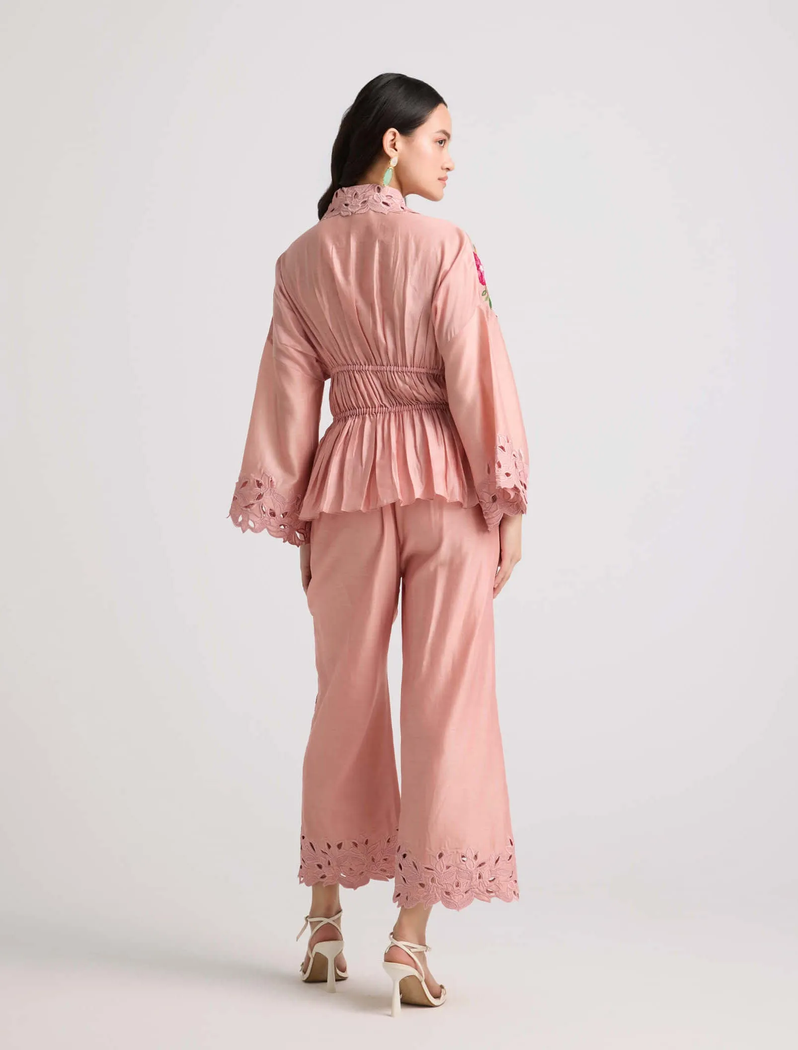 Soft pink threadwork cutwork pants