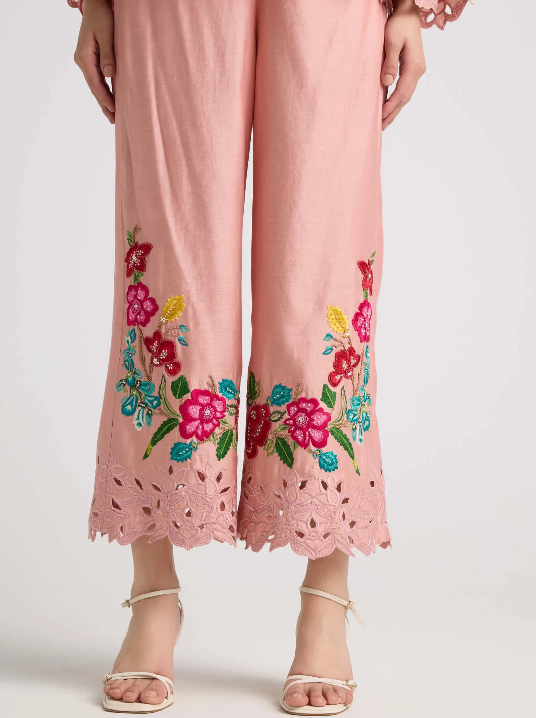 Soft pink threadwork cutwork pants
