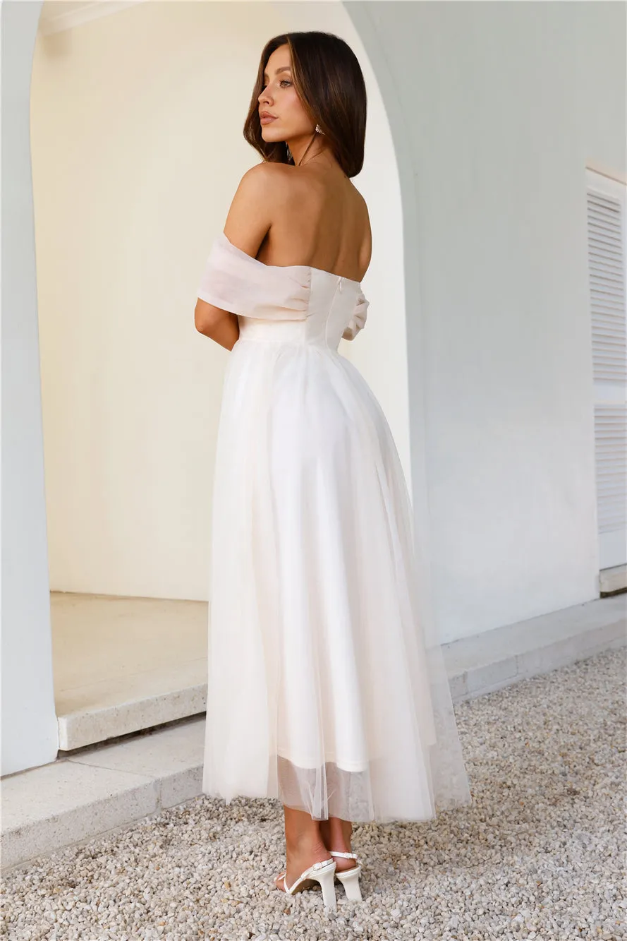 Something New Off Shoulder Tulle Midi Dress Beige