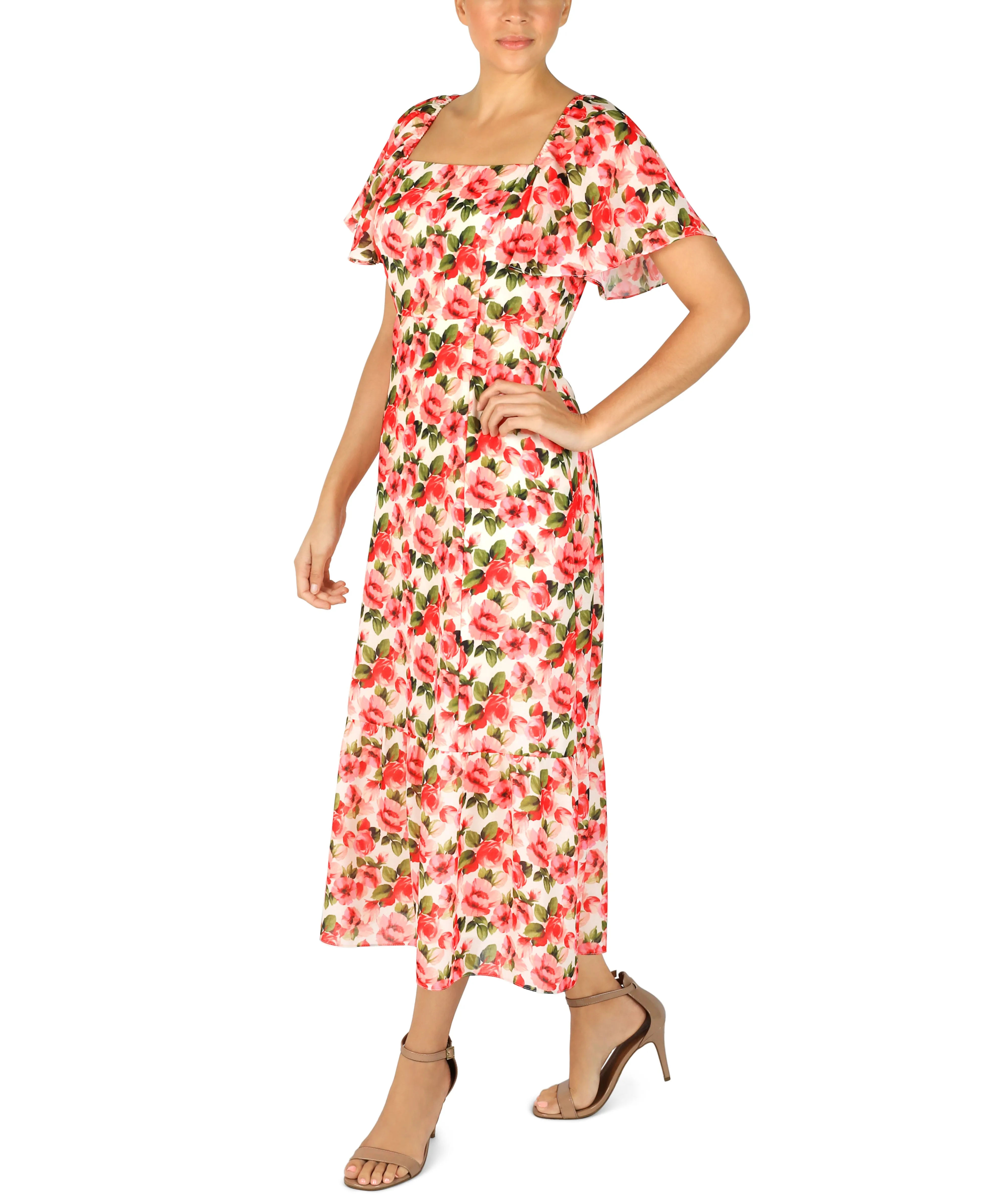 Square Neck Balloon Sleeve Linen Like Midi