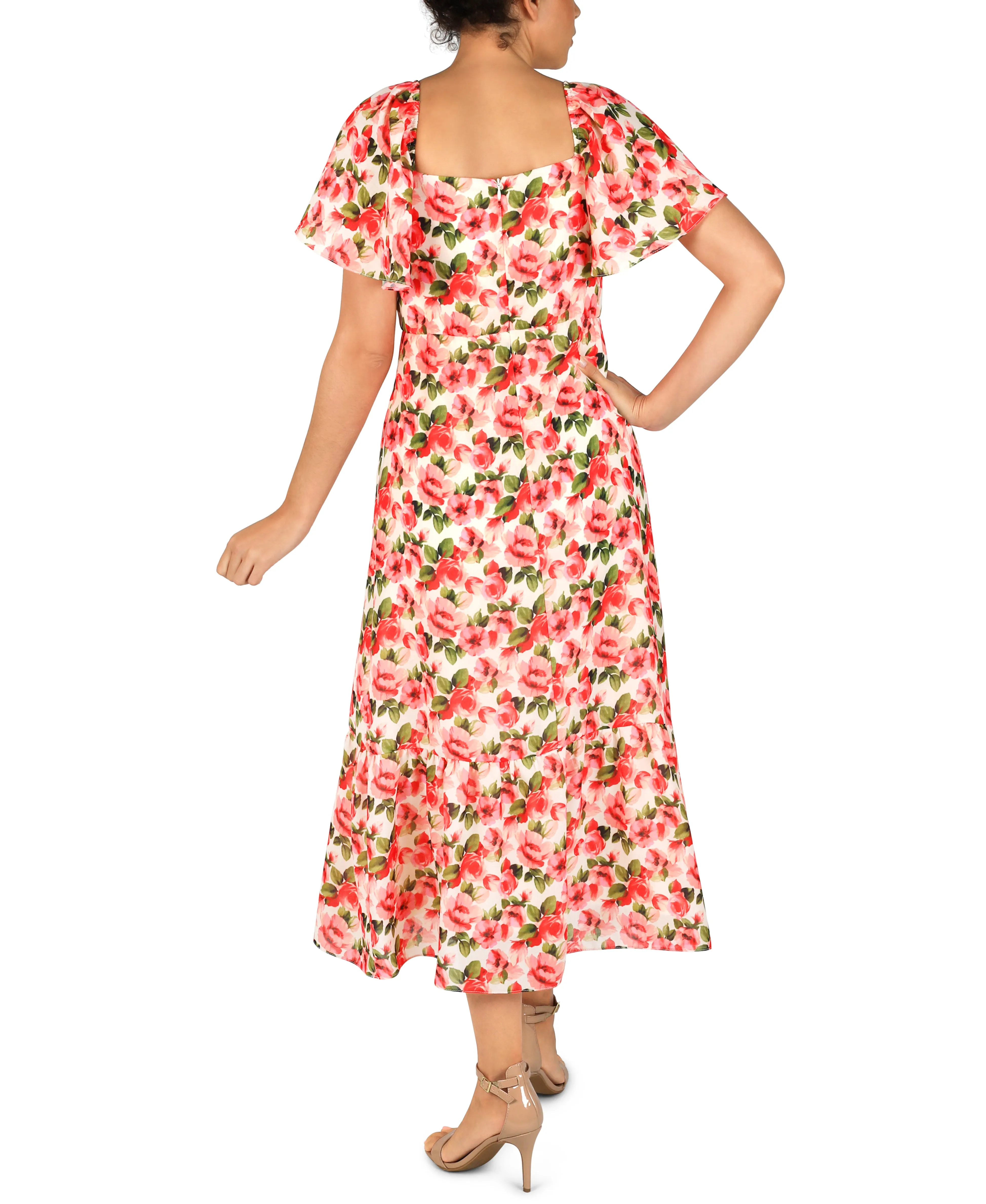 Square Neck Balloon Sleeve Linen Like Midi