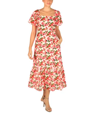 Square Neck Balloon Sleeve Linen Like Midi
