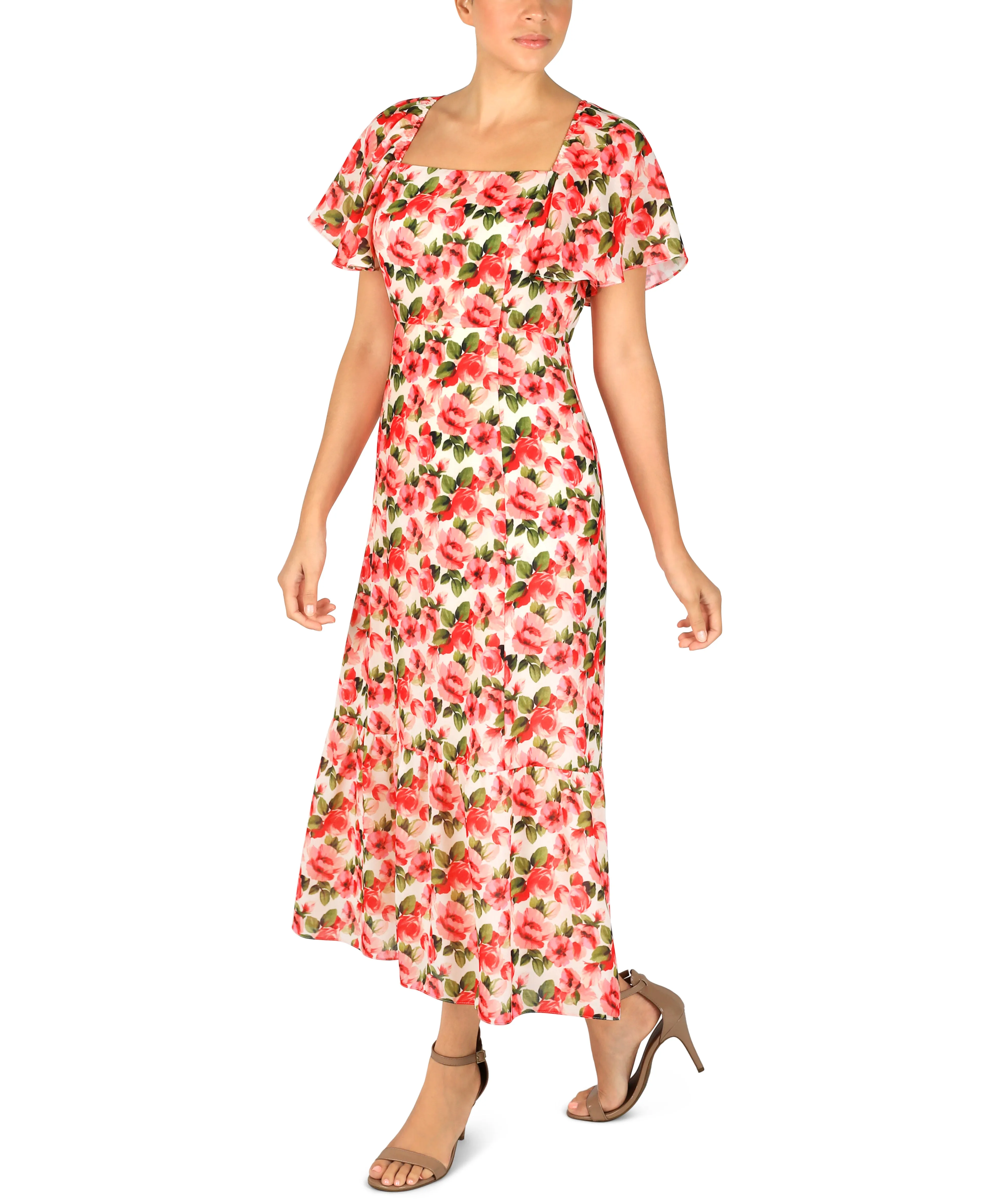 Square Neck Balloon Sleeve Linen Like Midi