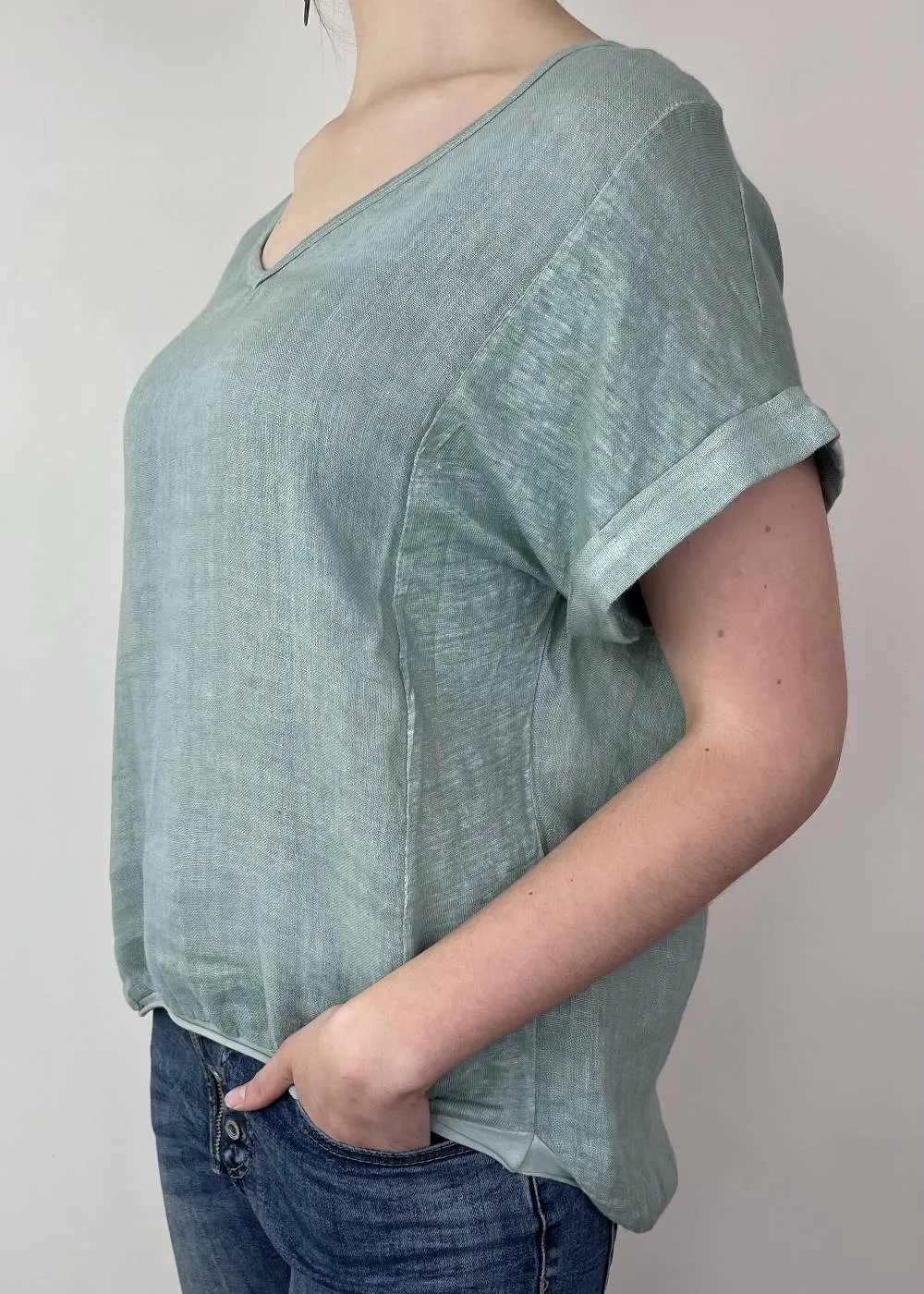 TALIA BENSON Italian Linen T-Shirt With Band One Size - Duck Egg