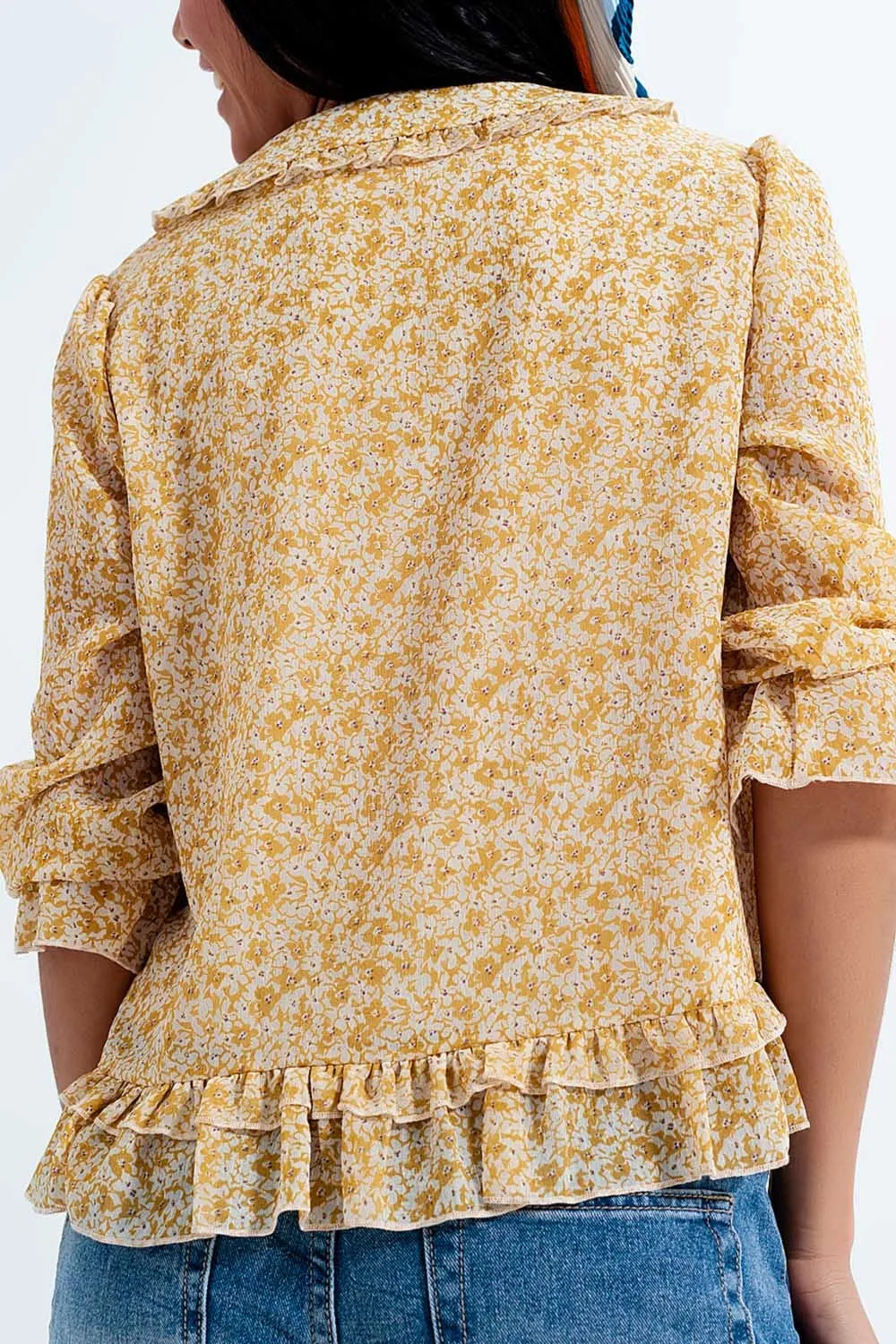 Tie front chiffon blouse in yellow floral print