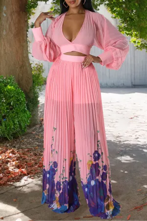 UG644 Sheer V-neck Crop Top and Graphic Pants Set