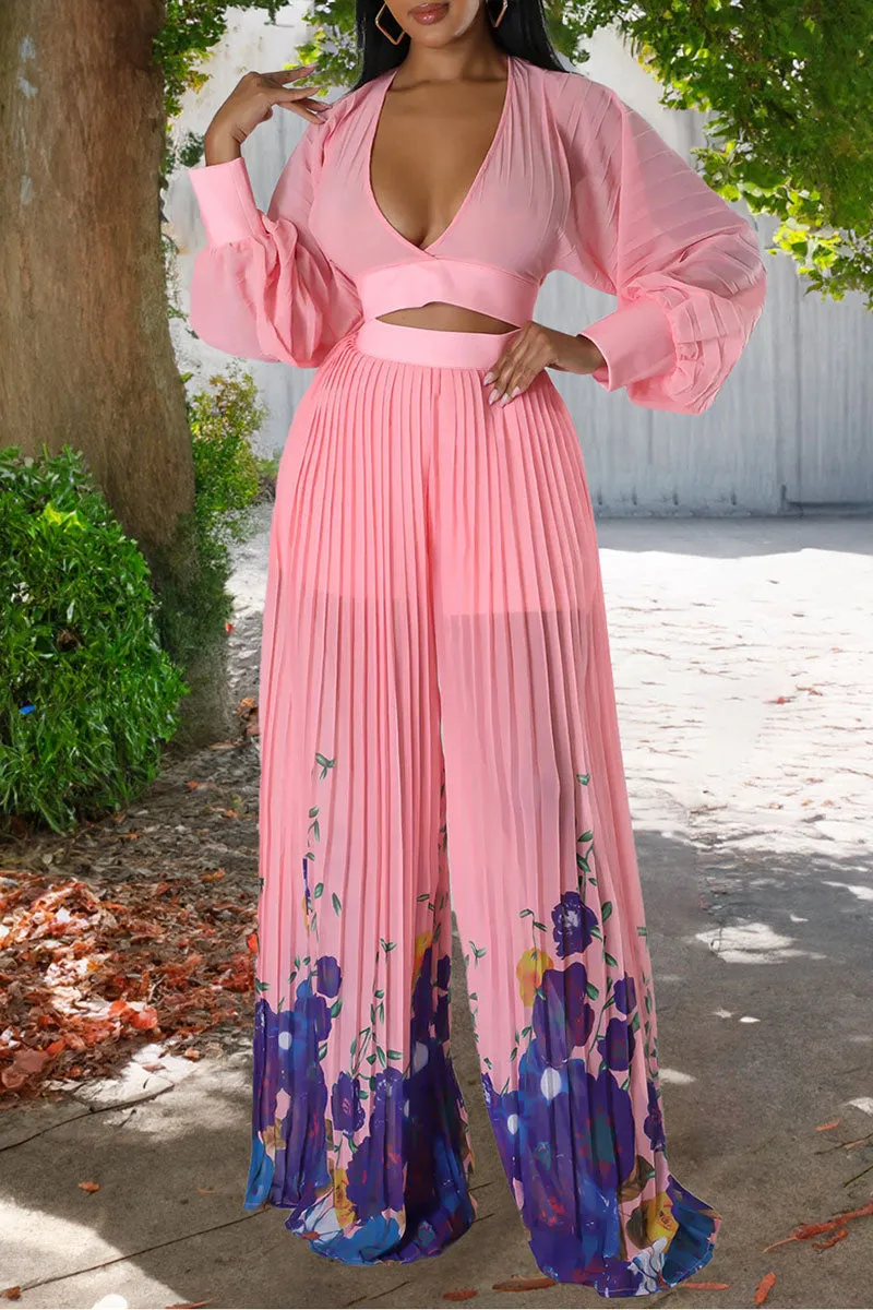 UG644 Sheer V-neck Crop Top and Graphic Pants Set