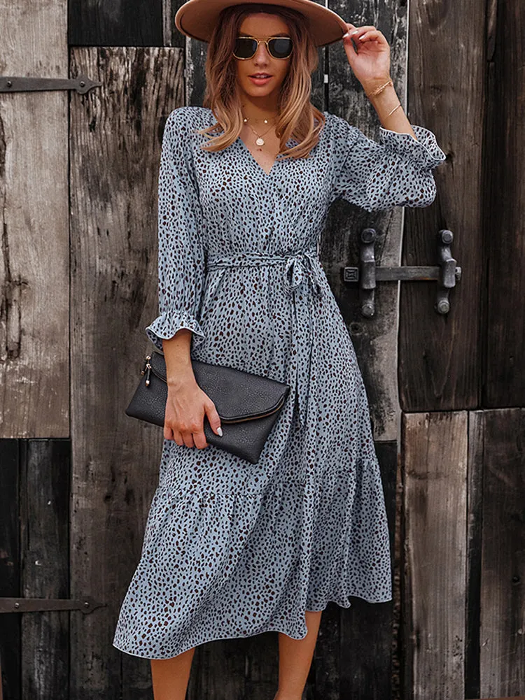 V Neck Boho Ruffle Flowy Midi Dress