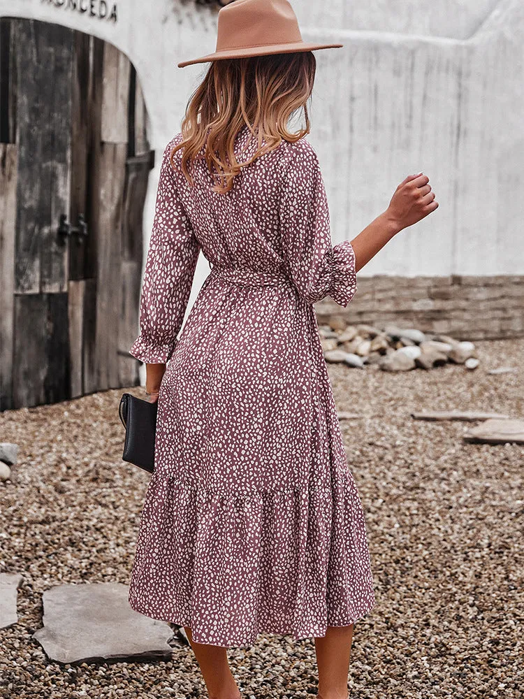 V Neck Boho Ruffle Flowy Midi Dress