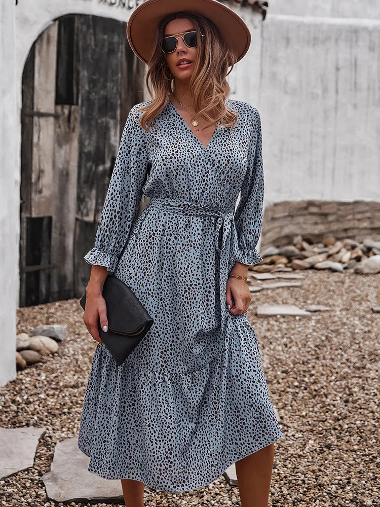 V Neck Boho Ruffle Flowy Midi Dress