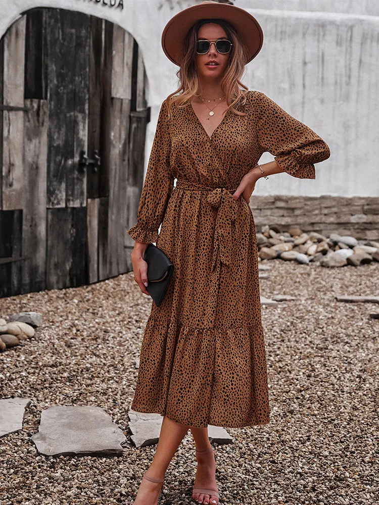 V Neck Boho Ruffle Flowy Midi Dress