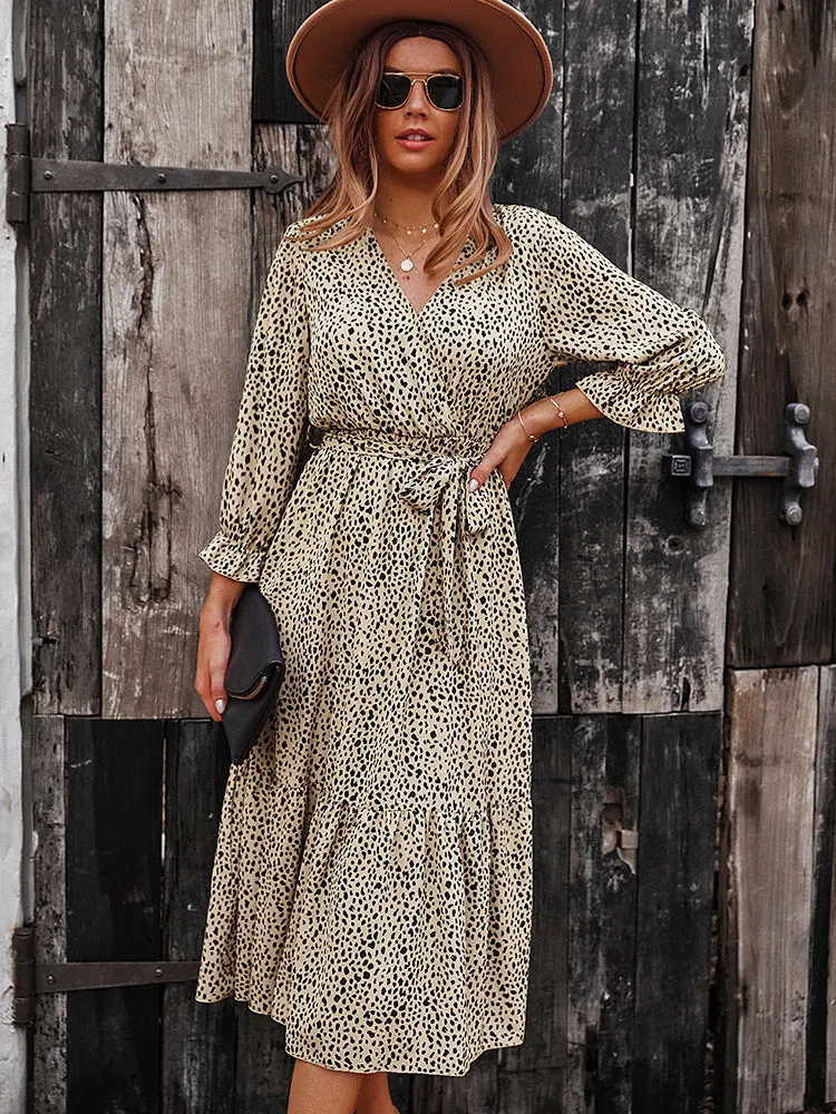 V Neck Boho Ruffle Flowy Midi Dress