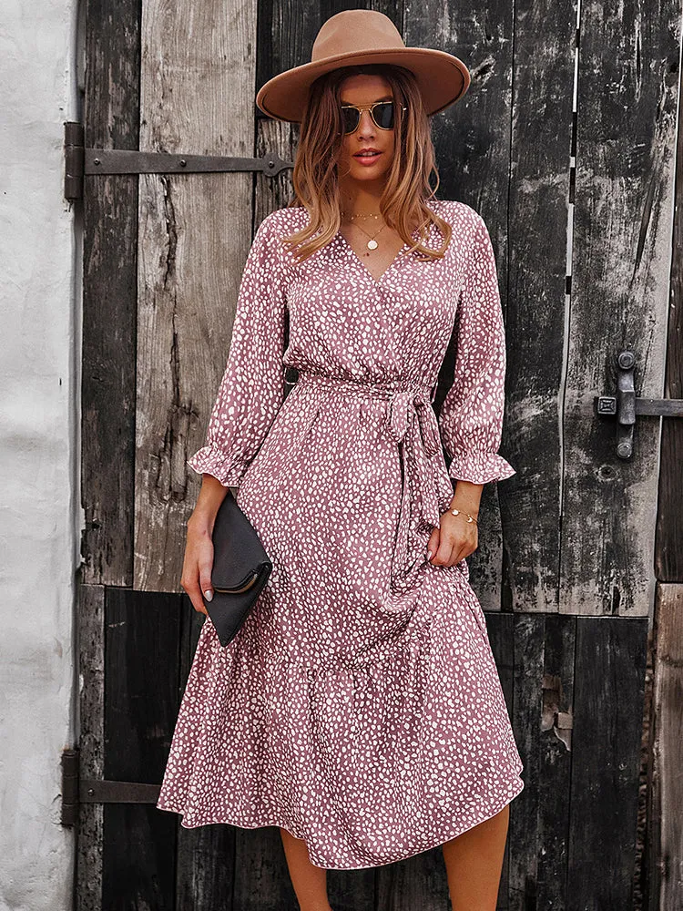 V Neck Boho Ruffle Flowy Midi Dress