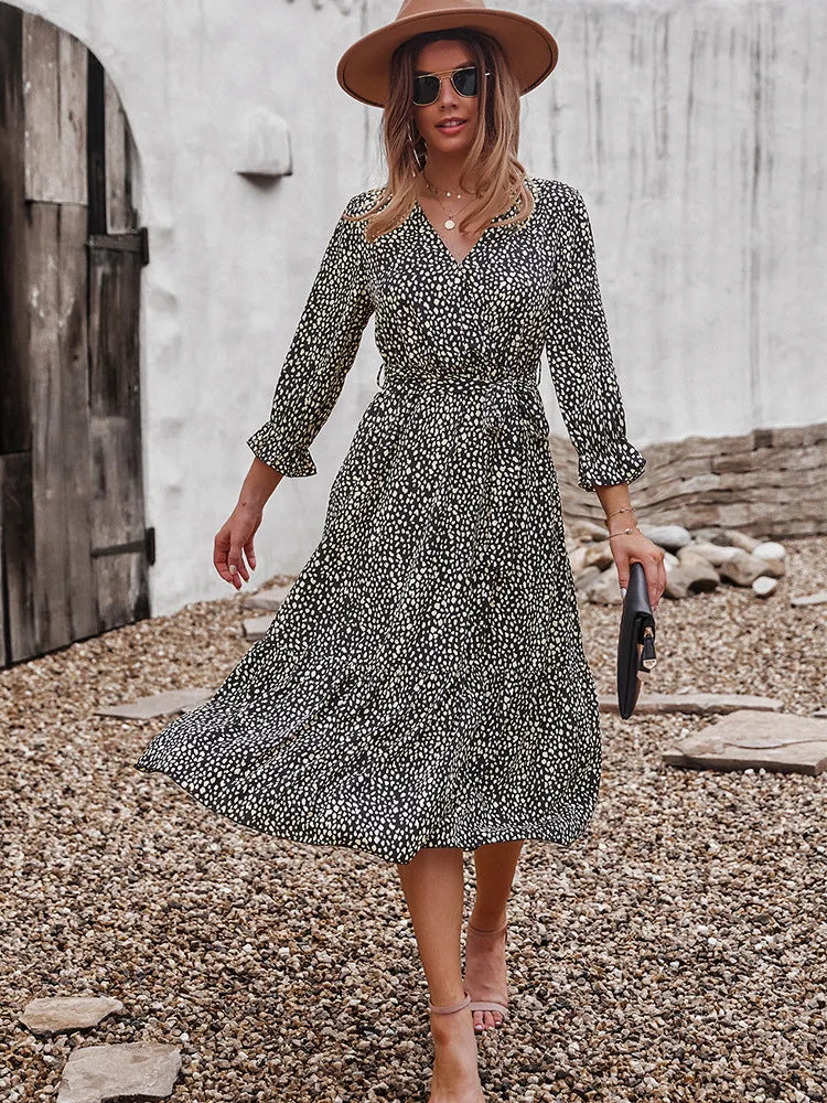 V Neck Boho Ruffle Flowy Midi Dress
