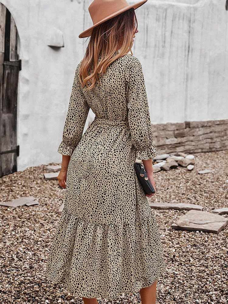 V Neck Boho Ruffle Flowy Midi Dress