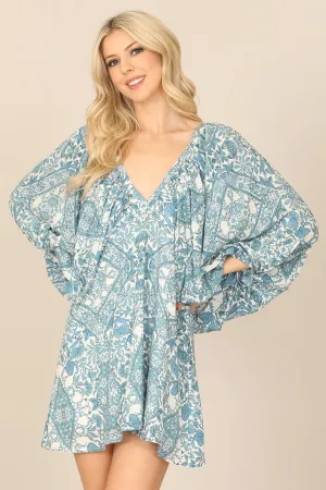 V-NECK PUFF SLEEVE PRINTED MINI DRESS