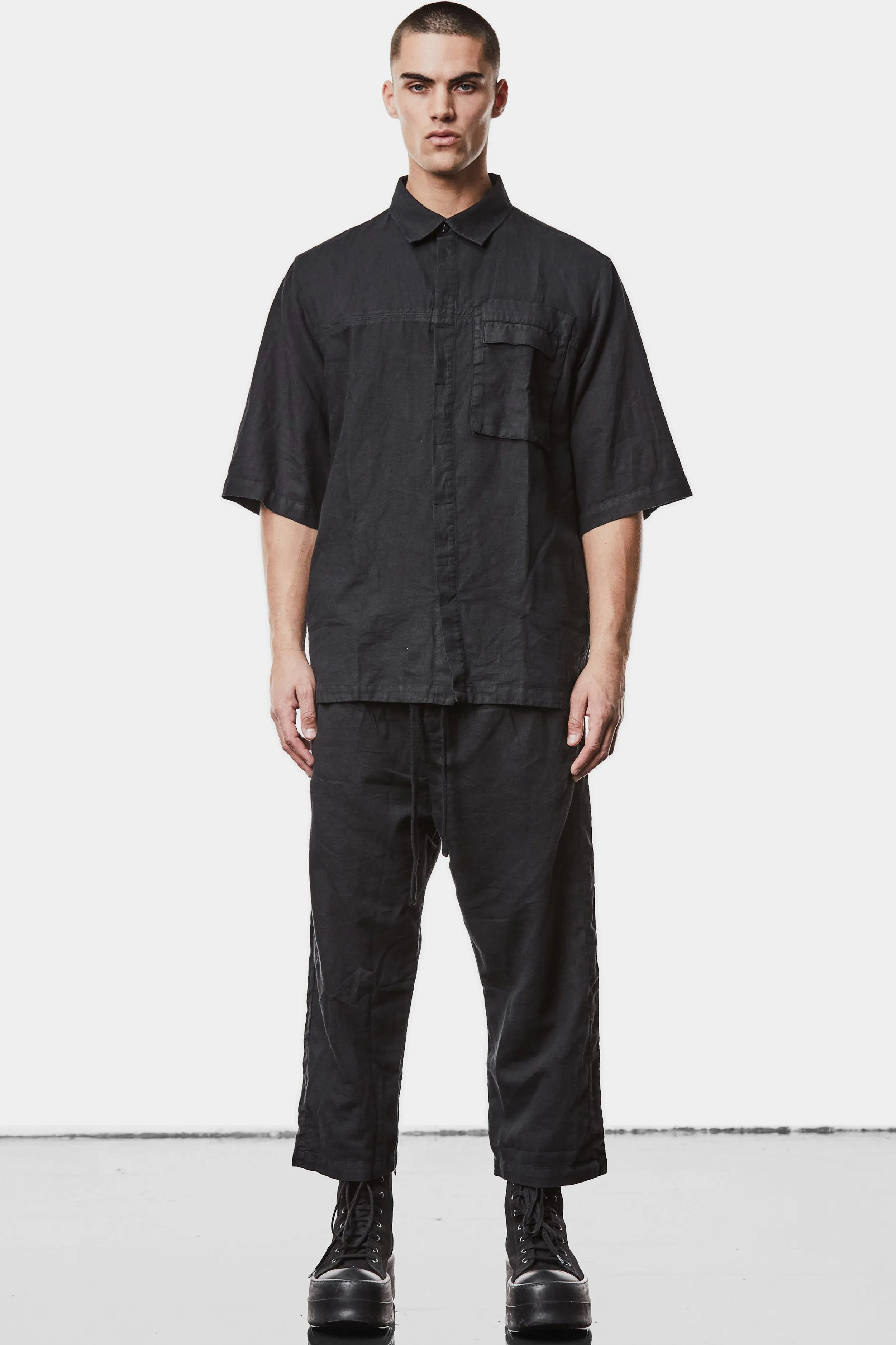 Washed linen blend short sleeve shirt