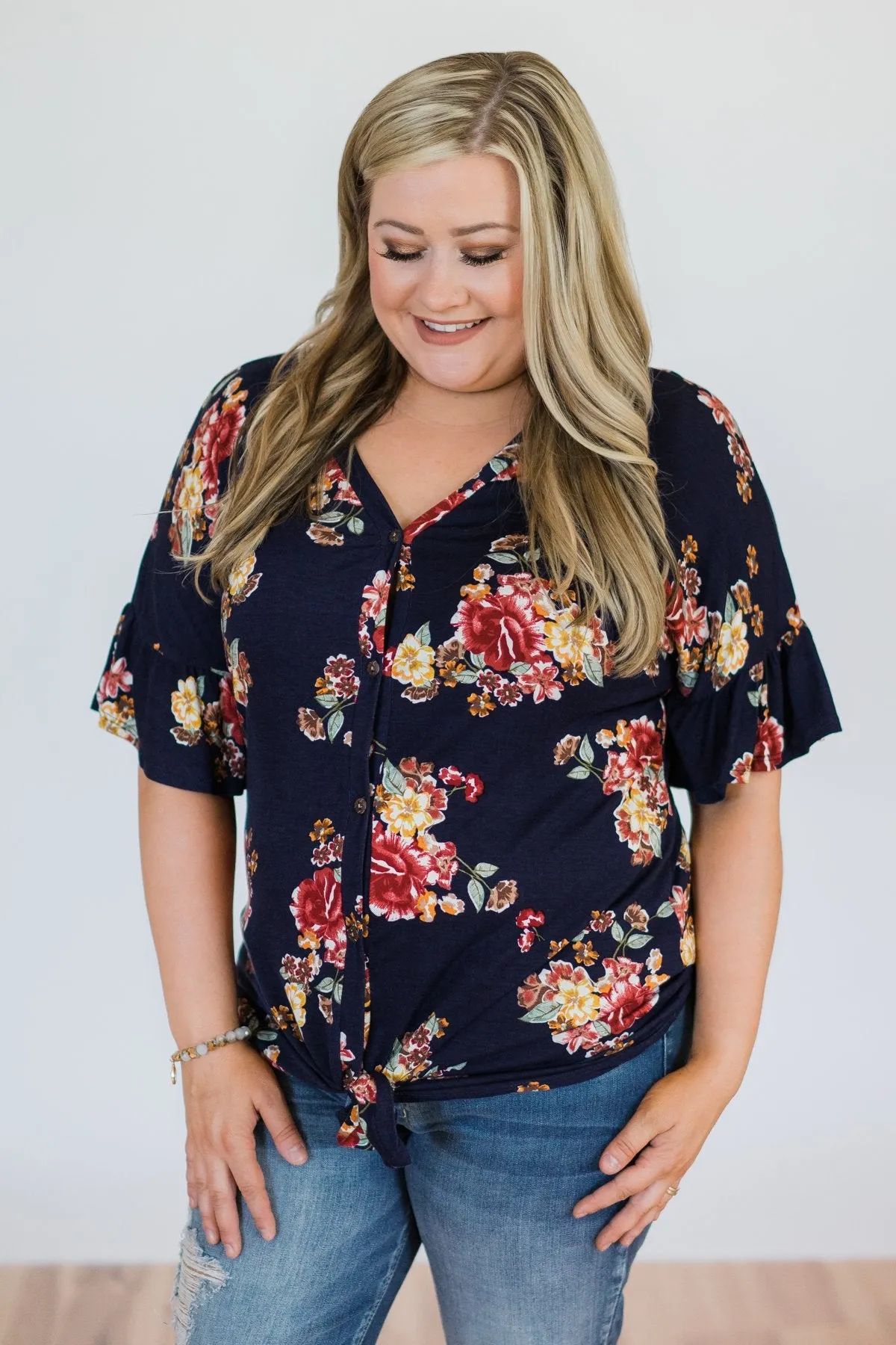 What it Takes Floral Button Top- Navy