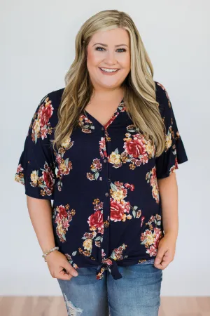 What it Takes Floral Button Top- Navy