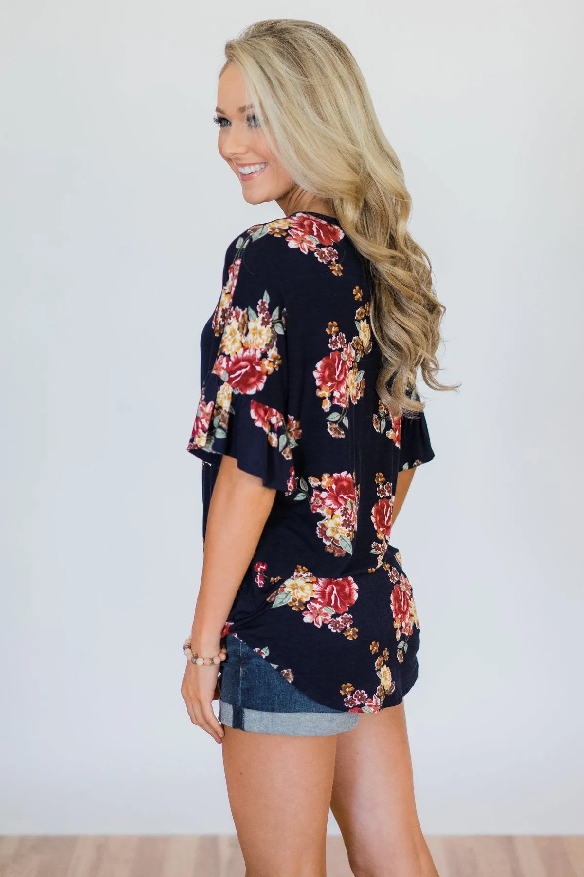 What it Takes Floral Button Top- Navy