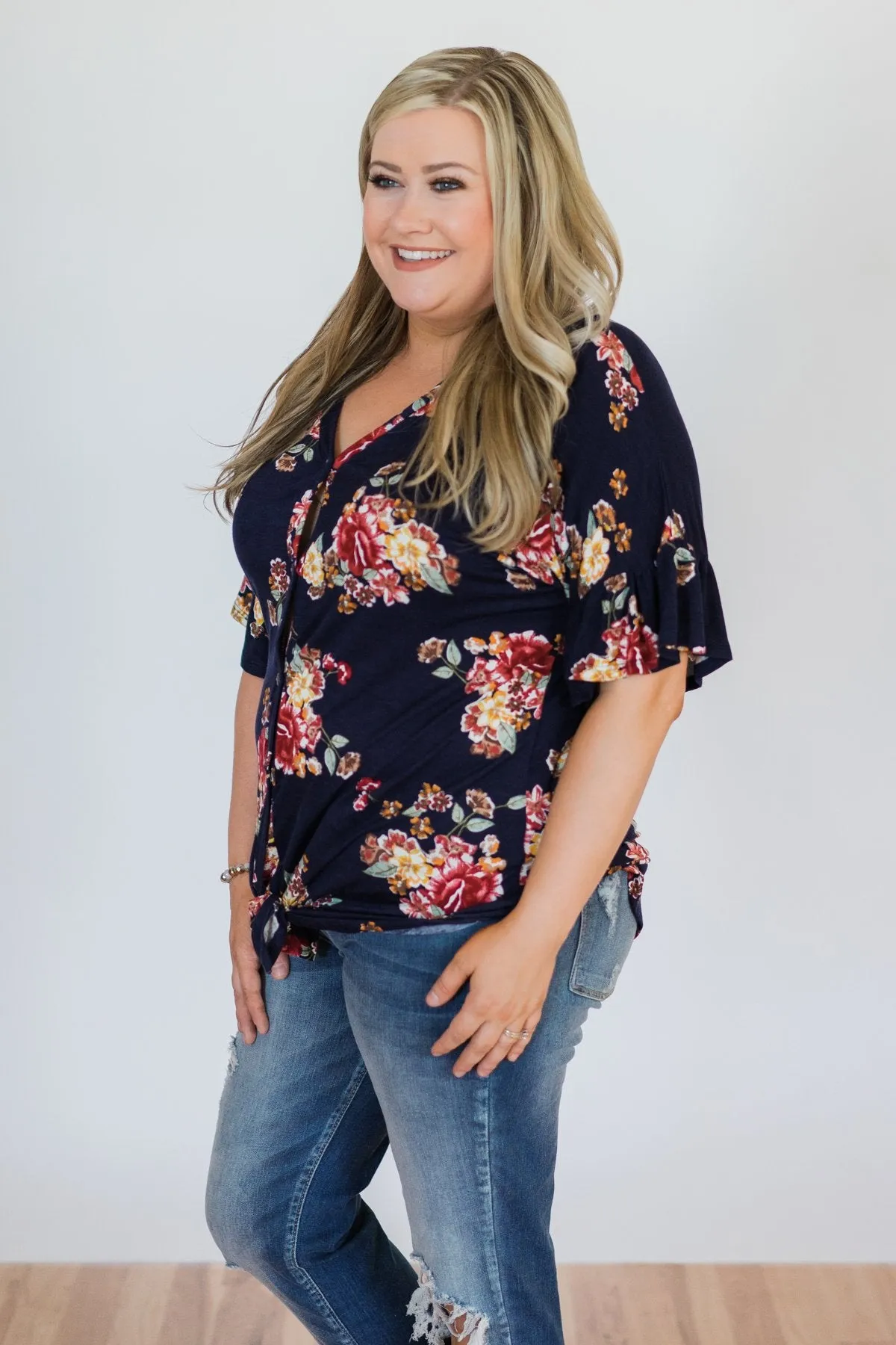 What it Takes Floral Button Top- Navy
