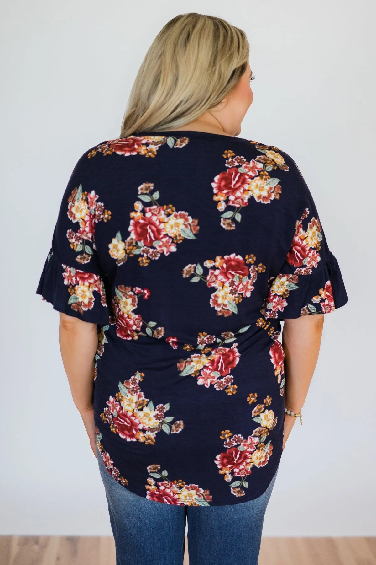 What it Takes Floral Button Top- Navy
