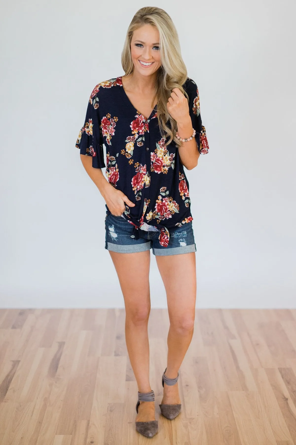 What it Takes Floral Button Top- Navy