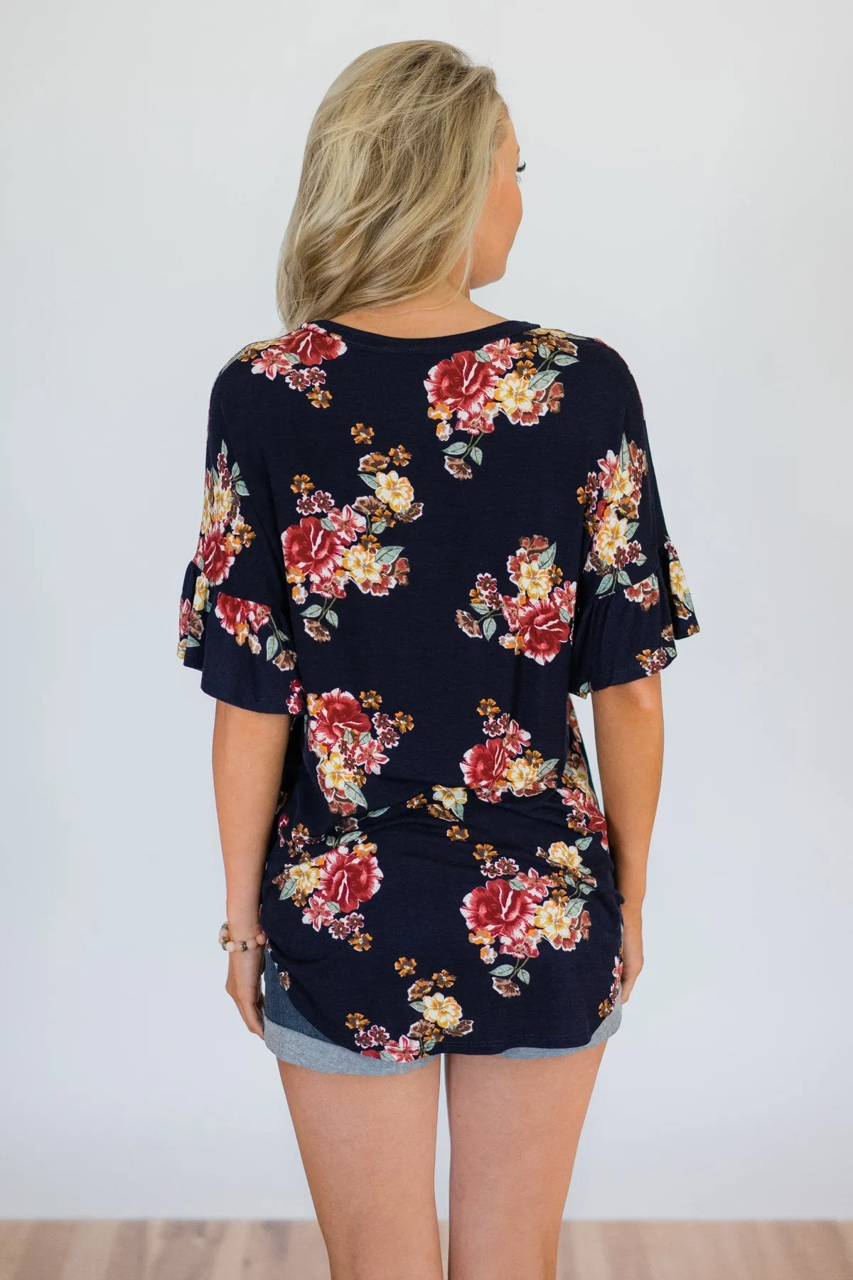 What it Takes Floral Button Top- Navy