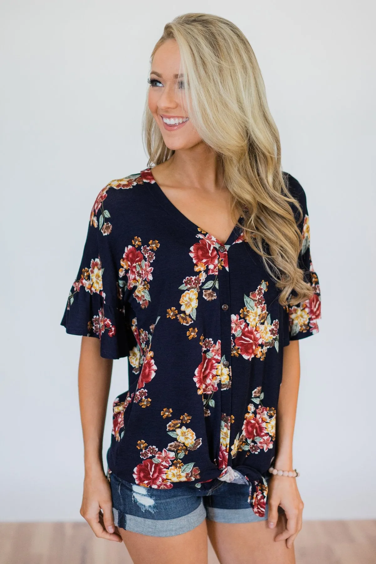 What it Takes Floral Button Top- Navy