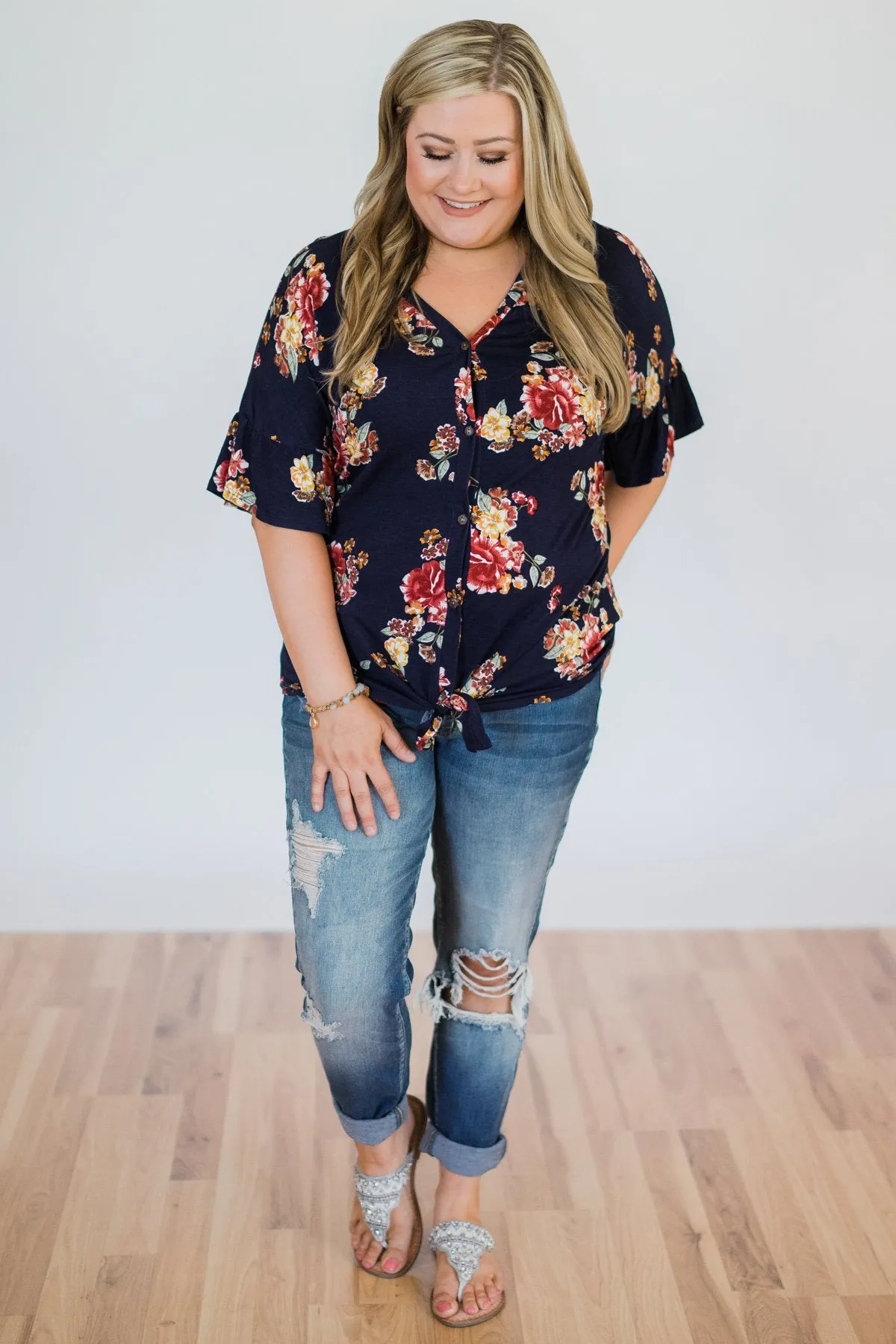 What it Takes Floral Button Top- Navy