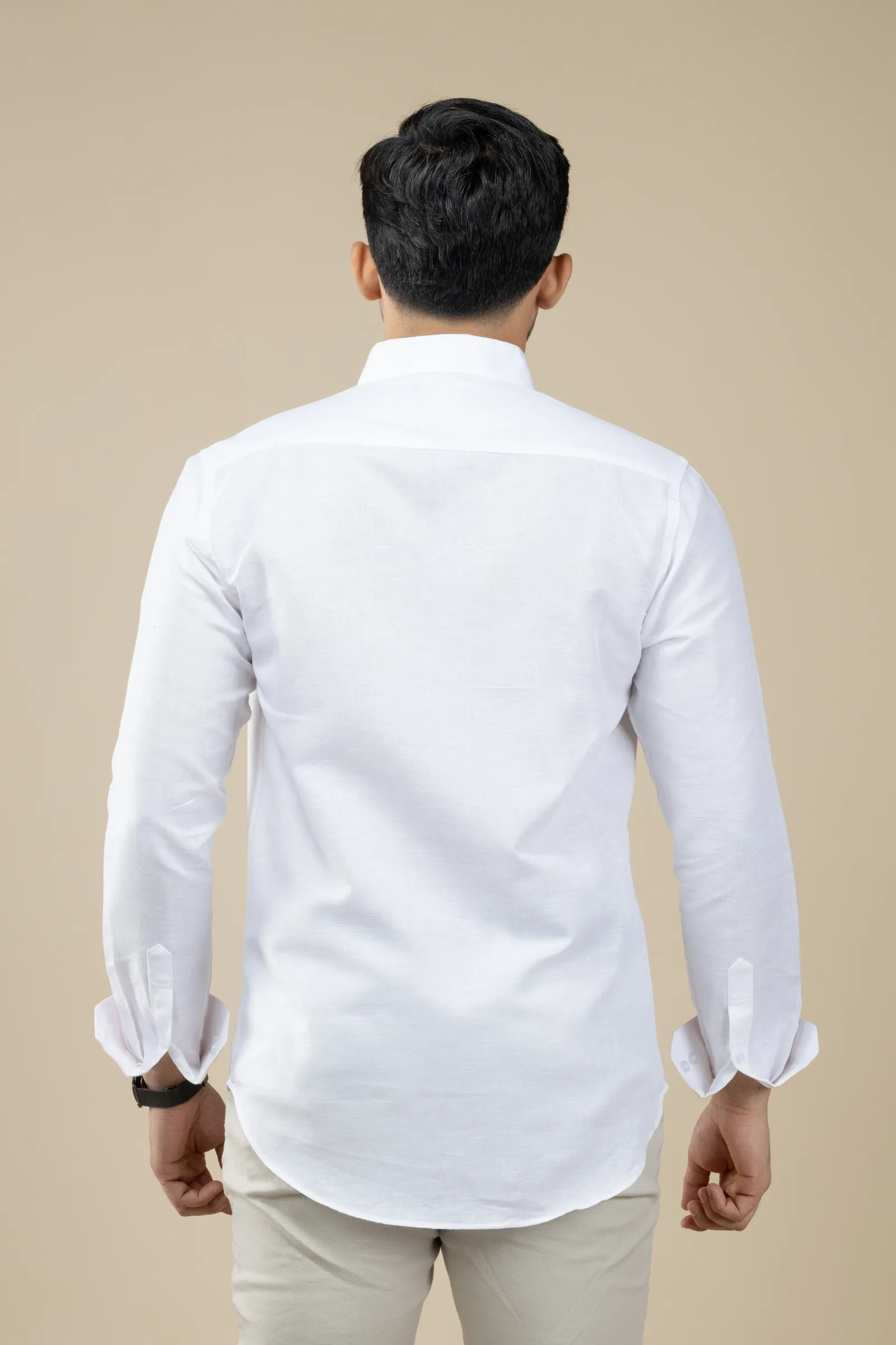 White Linen Shirt with Inner Collar Cuff Contrast