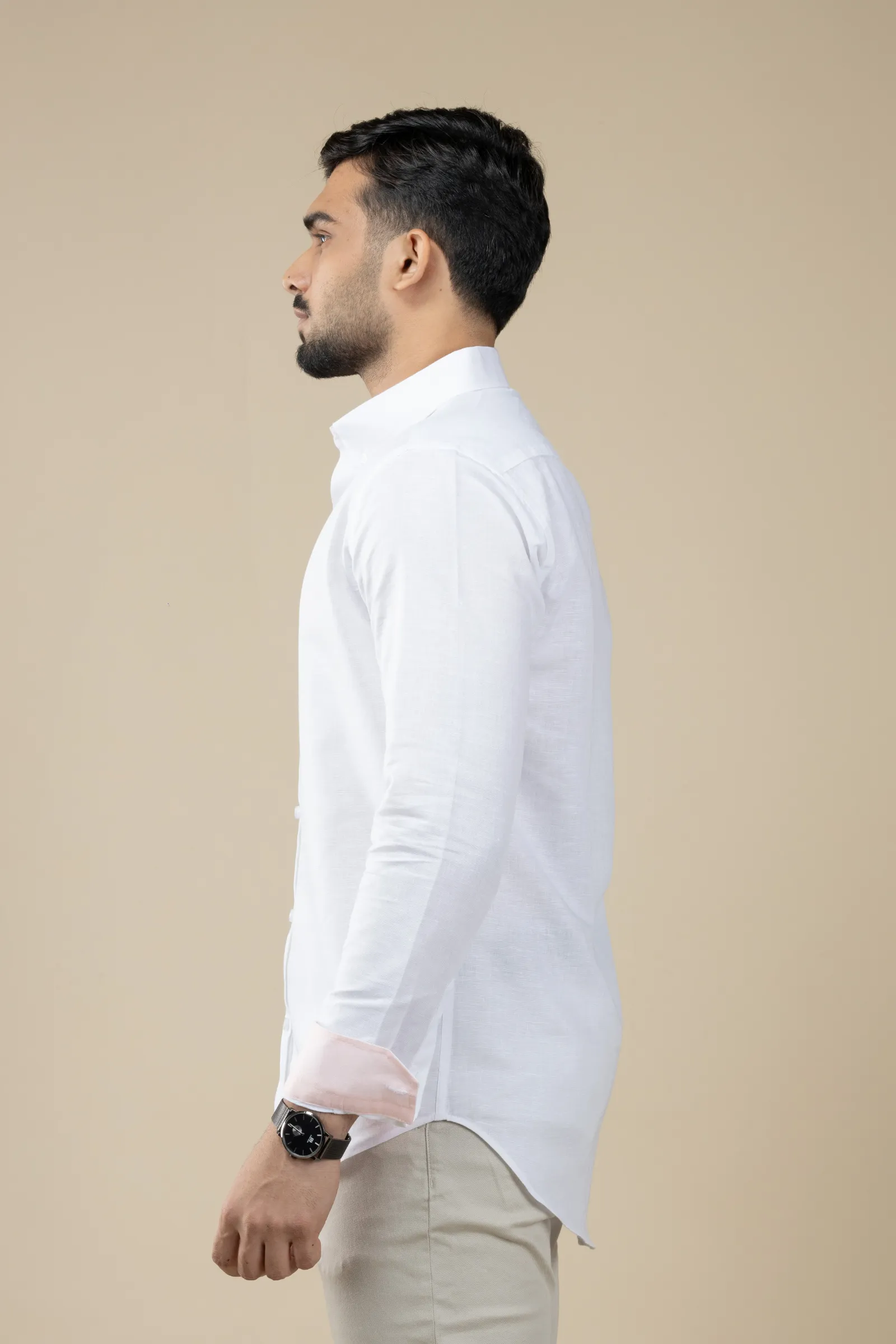 White Linen Shirt with Inner Collar Cuff Contrast