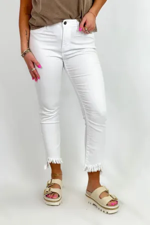White Mid Rise Fray Hem Skinny Jeans