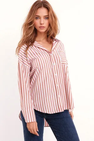 White oversized blouse with vertical stripes in pink and chest pocket
