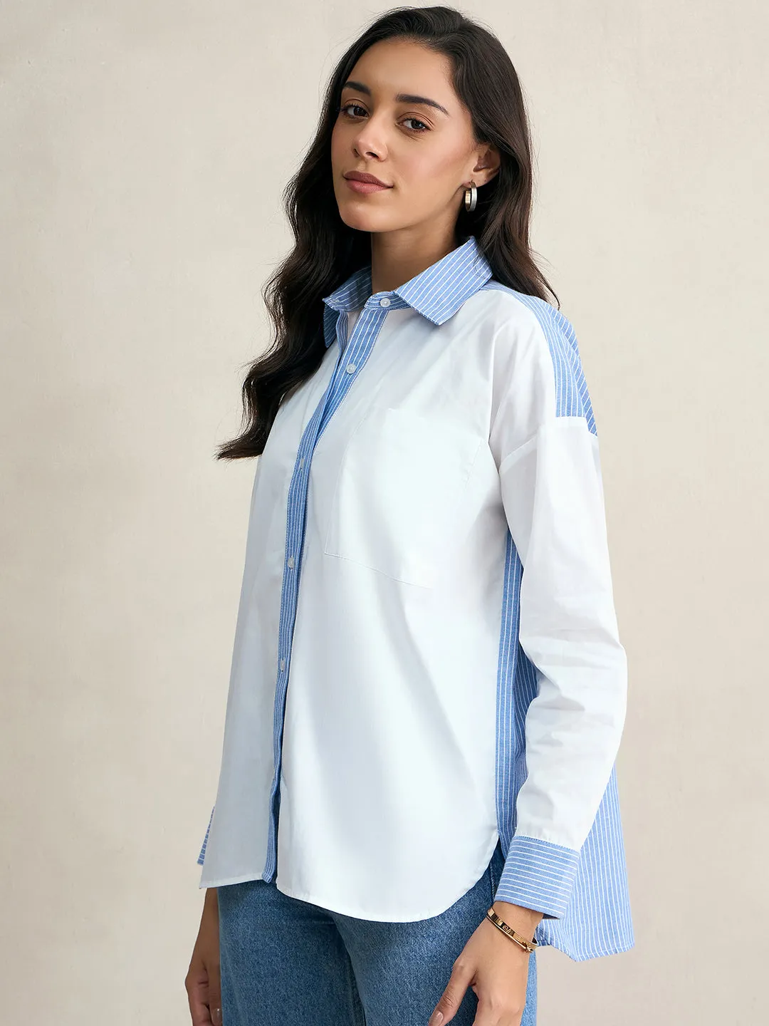 White Stripes Color Block Oversize Shirt
