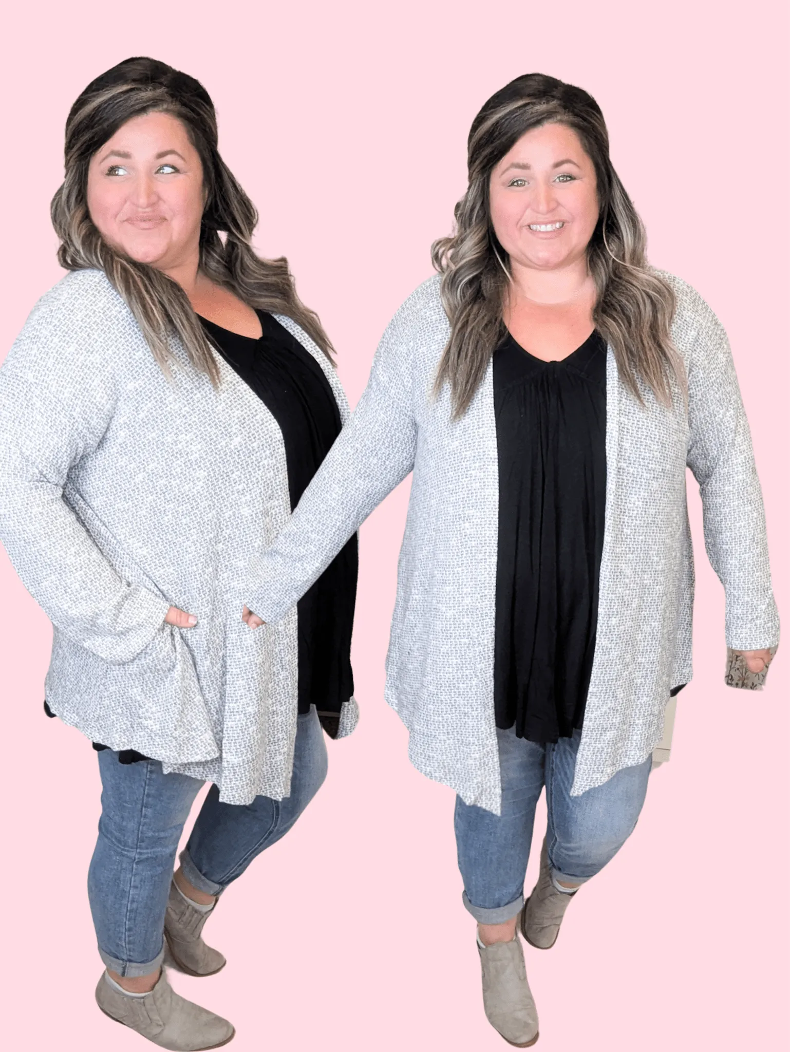 Willow Textured Cardigan w/Pockets in Gray   White